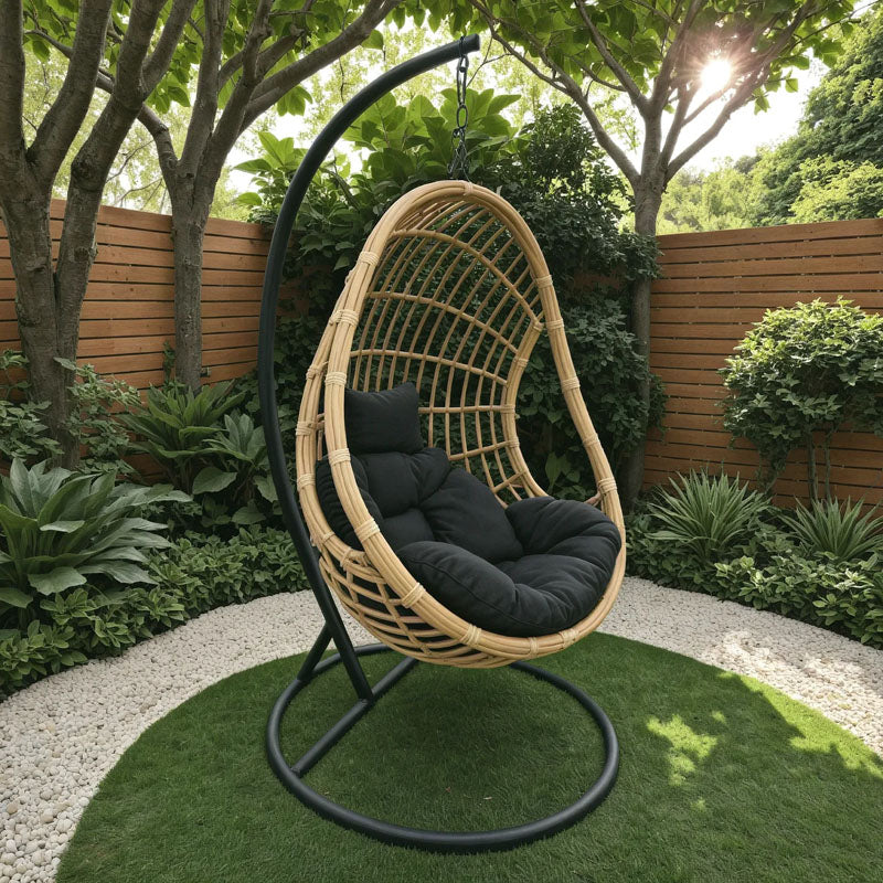 Κούνια φωλιά με βάση Cungo  μέταλλο μαύρο- pe rattan μπεζ με μαύρο μαξιλάρι 125x105x195εκ - Pakobazaar