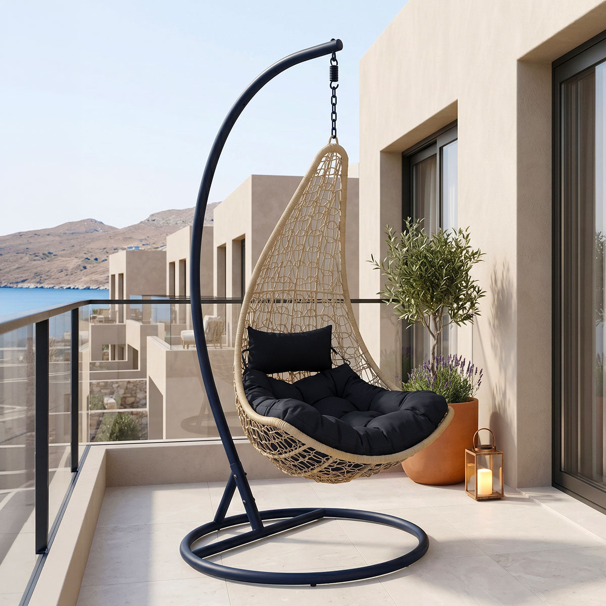 Κούνια φωλιά με βάση Soleil  μέταλλο μαύρο- pe rattan φυσικό με μαύρο μαξιλάρι 120x95x195εκ - Pakobazaar
