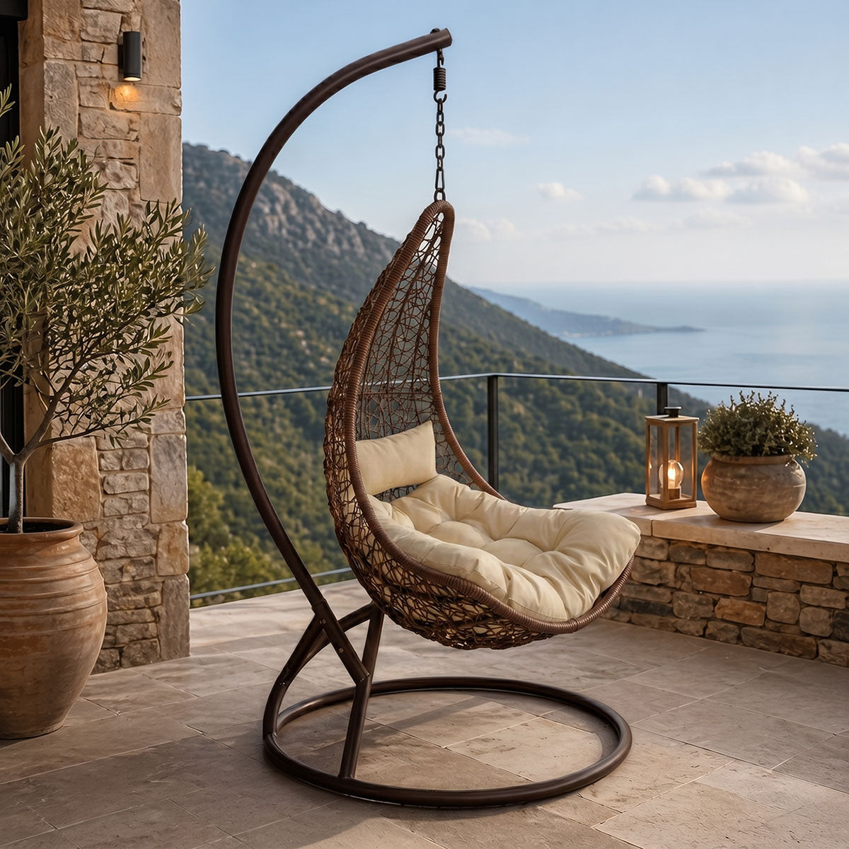 Κούνια φωλιά με βάση Soleil  μέταλλο καφέ- pe rattan καφέ με μπεζ μαξιλάρι 120x95x195εκ - Pakobazaar