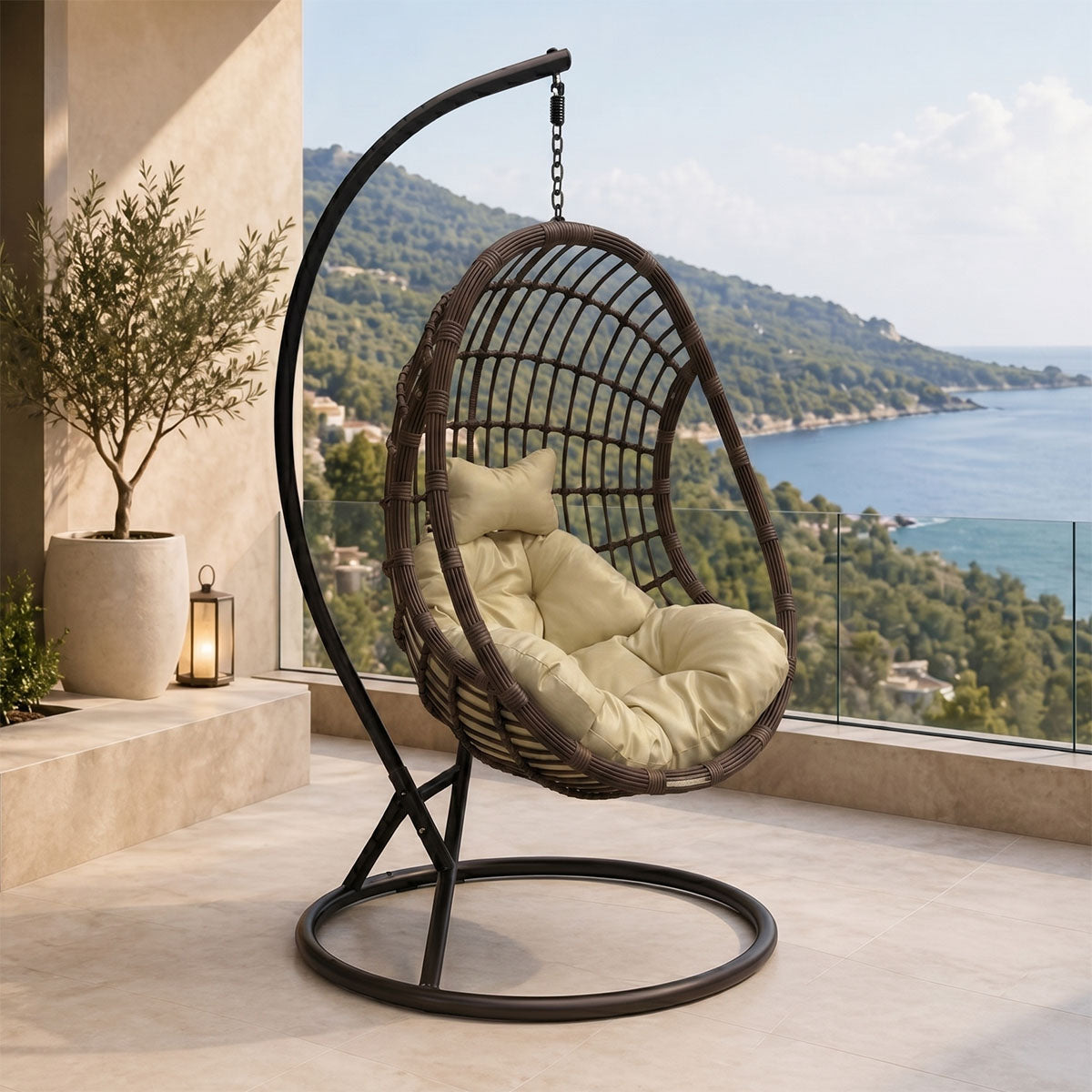 Κούνια φωλιά με βάση Cungo  μέταλλο καφέ- pe rattan καφέ με μπεζ μαξιλάρι 125x105x195εκ - Pakobazaar