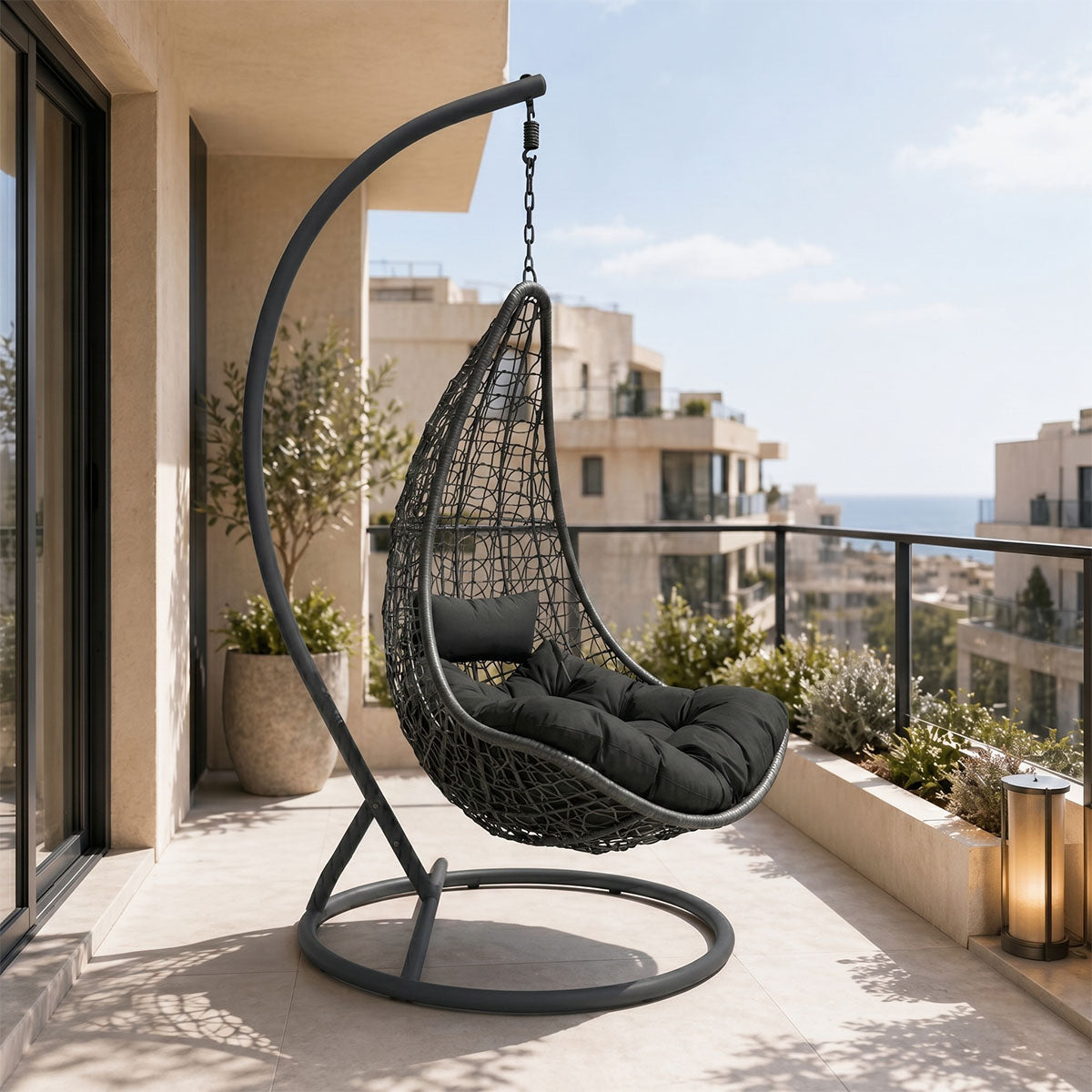 Κούνια φωλιά με βάση Soleil  μέταλλο ανθρακί- pe rattan ανθρακί με γκρι μαξιλάρι 120x95x195εκ - Pakobazaar