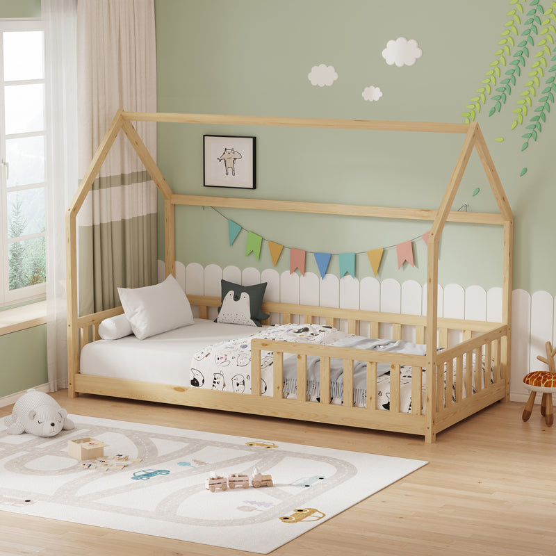 Παιδικό κρεβάτι Callan τ. Montessori με κιγκλίδωμα  ξύλο πεύκου σε φυσική απόχρωση 90x190εκ - Pakobazaar