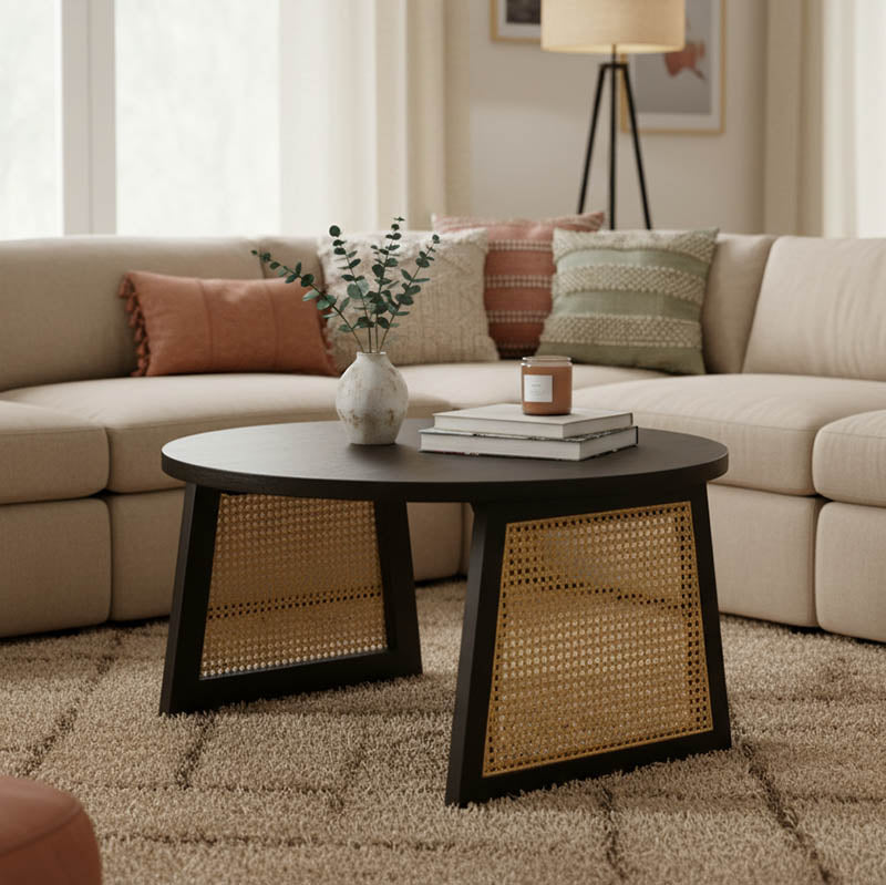 Τραπέζι Tamarind  ξύλο mango-φυσικό rattan σε μαύρη απόχρωση Φ65x40εκ - Pakobazaar