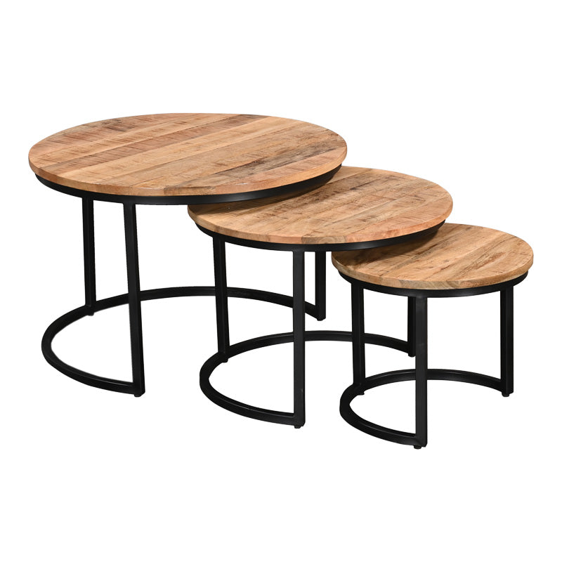 Τραπέζι σαλονιού Frina  σετ 3τεμ μασίφ mango ξύλο σε φυσική απόχρωση με πόδι μαύρο μέταλλο - Pakobazaar
