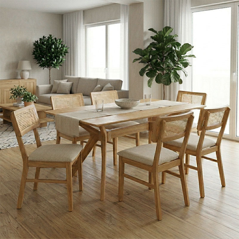 Τραπεζαρία Raffles  σετ 7τεμ rubberwood με pe rattanσε φυσική απόχρωση 150x90x76εκ - Pakobazaar