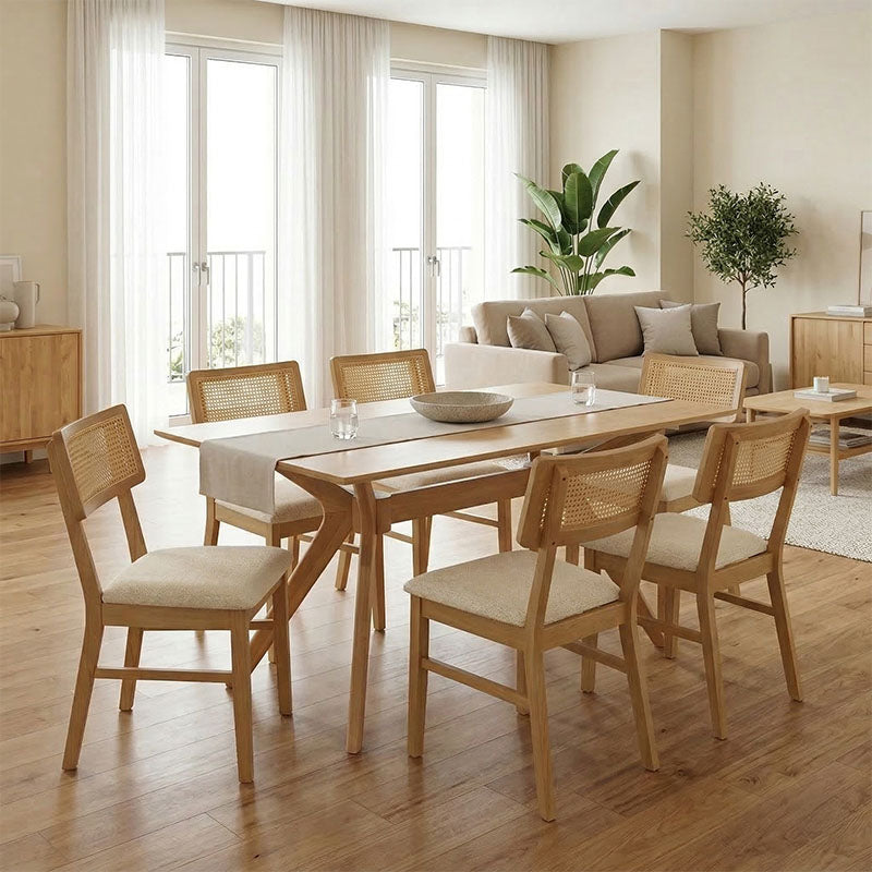 Τραπεζαρία Raffles  σετ 7τεμ rubberwood με pe rattanσε φυσική απόχρωση 150x90x76εκ - Pakobazaar