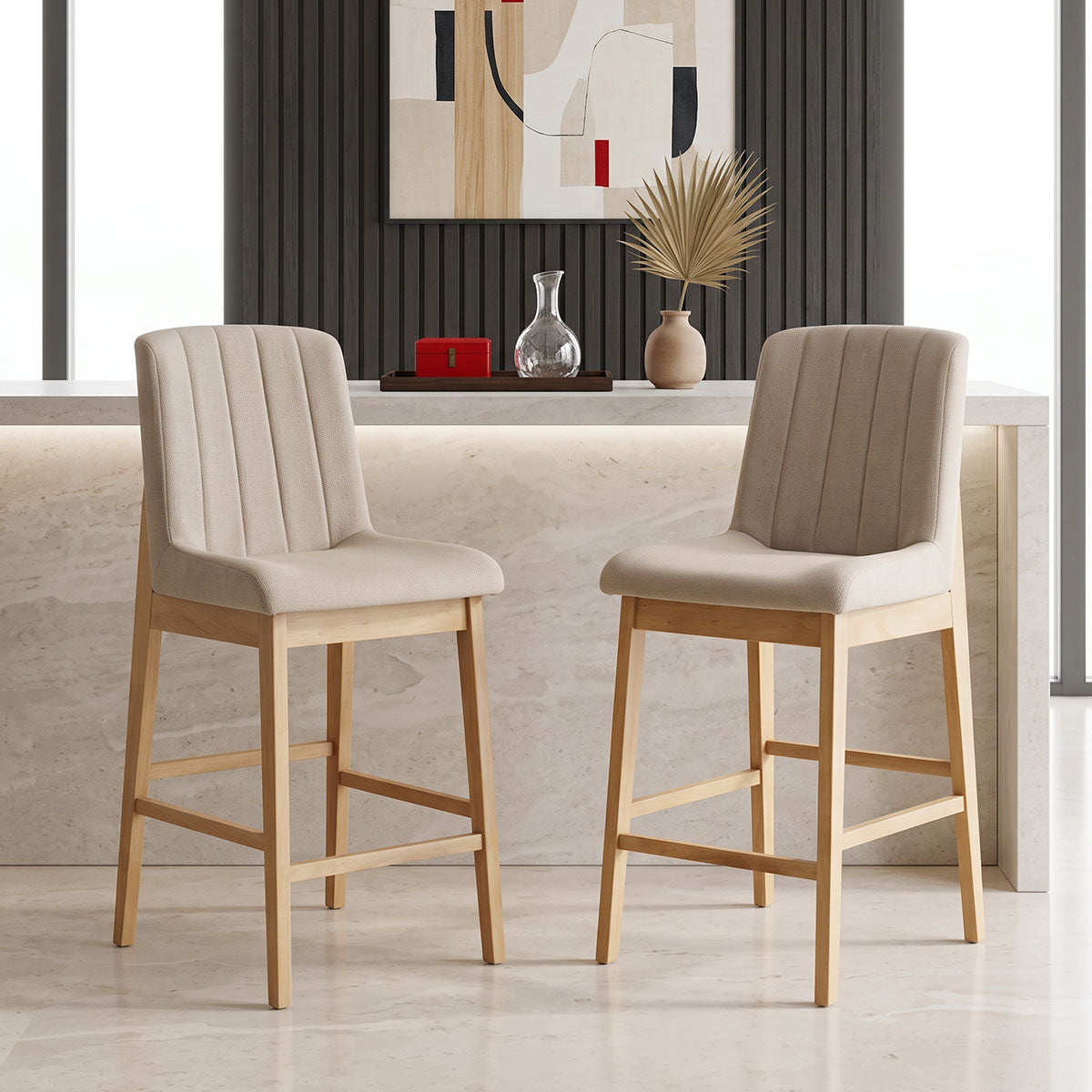 Σκαμπό μπαρ Dalby  sonoma rubberwood και μπεζ ύφασμα 50x45x102,5εκ - Pakobazaar