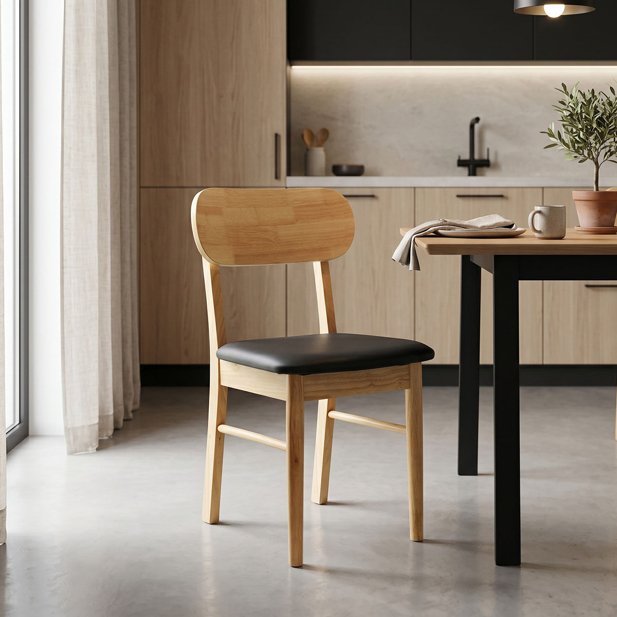 Καρέκλα Bedona  rubberwood σε φυσική απόχρωση με μαύρο pu μαξιλάρι 47x46x80εκ - Pakobazaar