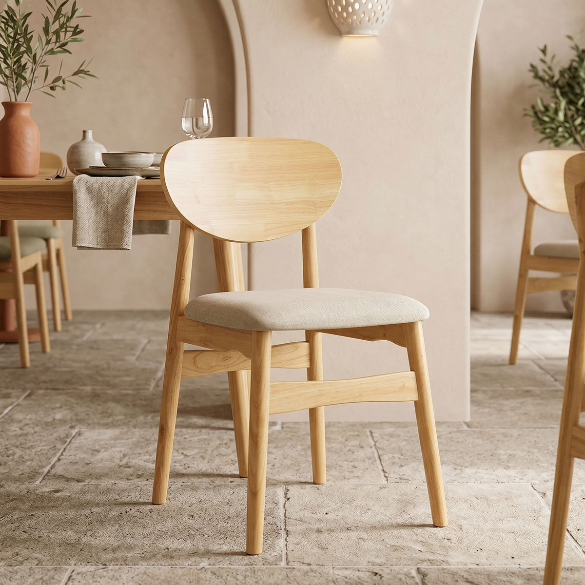 Καρέκλα Cardith  rubberwood-plywood σε φυσική απόχρωση-ύφασμα γκρι-μπεζ 48x51x78εκ - Pakobazaar