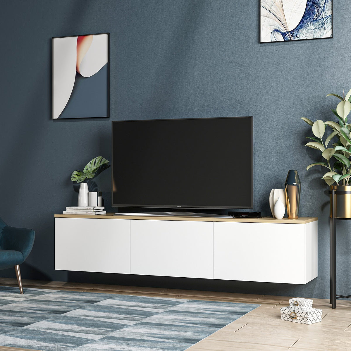 Έπιπλο Τηλεόρασης Sarakiniko Με Ράφια Λευκό - Δρυς 160x32x35 εκ. Μελαμίνης - Pakobazaar