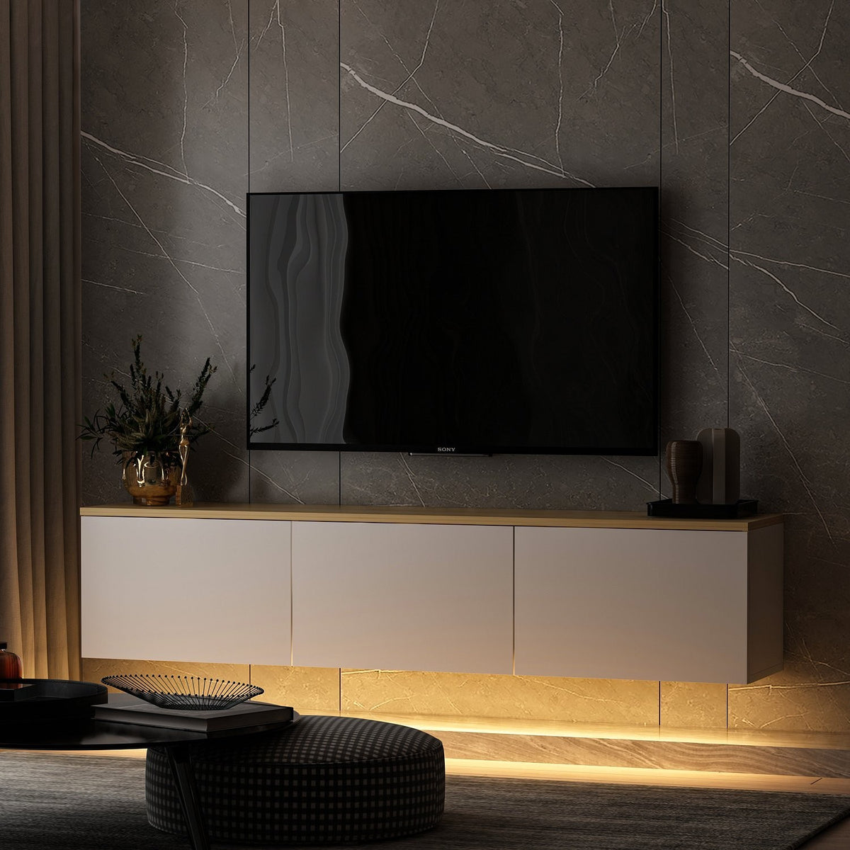 Έπιπλο Τηλεόρασης Sarakiniko Με LED Λευκό - Δρυς 160x32x35 εκ. Μελαμίνης - Pakobazaar