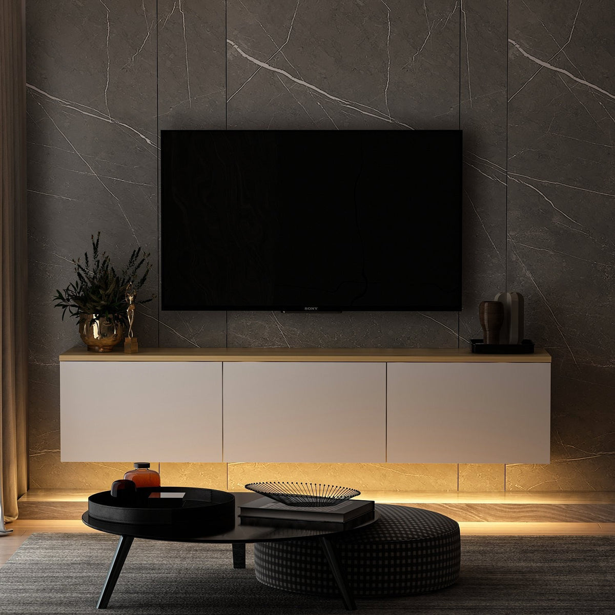Έπιπλο Τηλεόρασης Sarakiniko Με LED Λευκό - Δρυς 160x32x35 εκ. Μελαμίνης - Pakobazaar