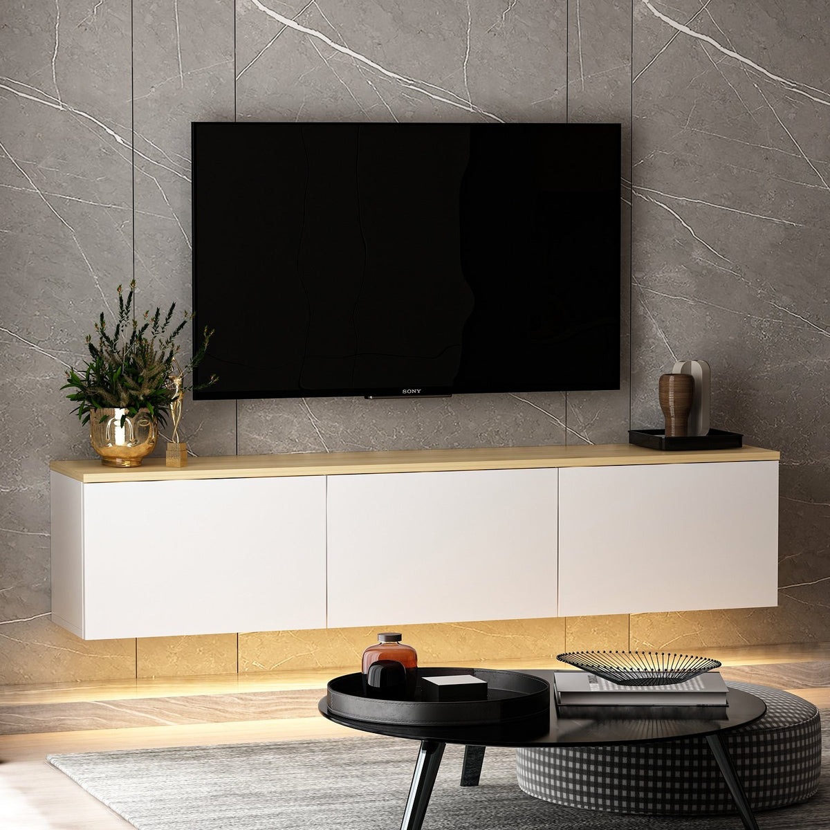 Έπιπλο Τηλεόρασης Sarakiniko Με LED Λευκό - Δρυς 160x32x35 εκ. Μελαμίνης - Pakobazaar