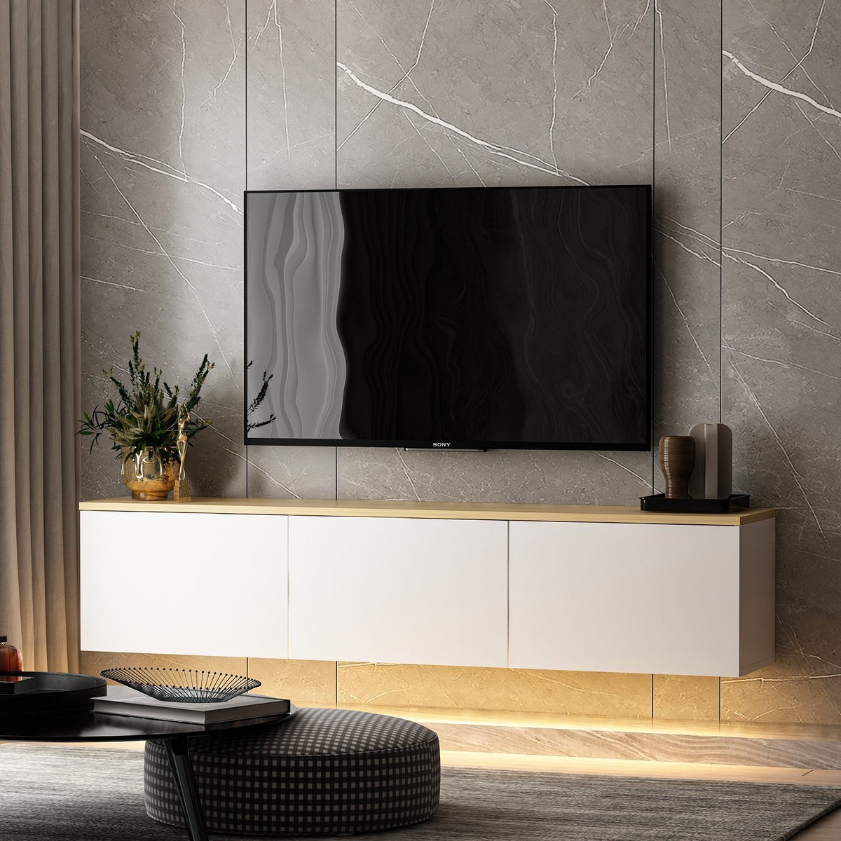 Έπιπλο Τηλεόρασης Sarakiniko Με LED Λευκό - Δρυς 160x32x35 εκ. Μελαμίνης - Pakobazaar