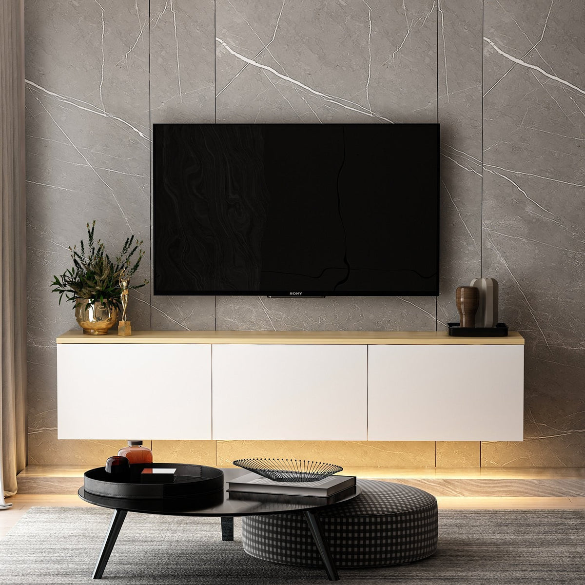 Έπιπλο Τηλεόρασης Sarakiniko Με LED Λευκό - Δρυς 160x32x35 εκ. Μελαμίνης - Pakobazaar
