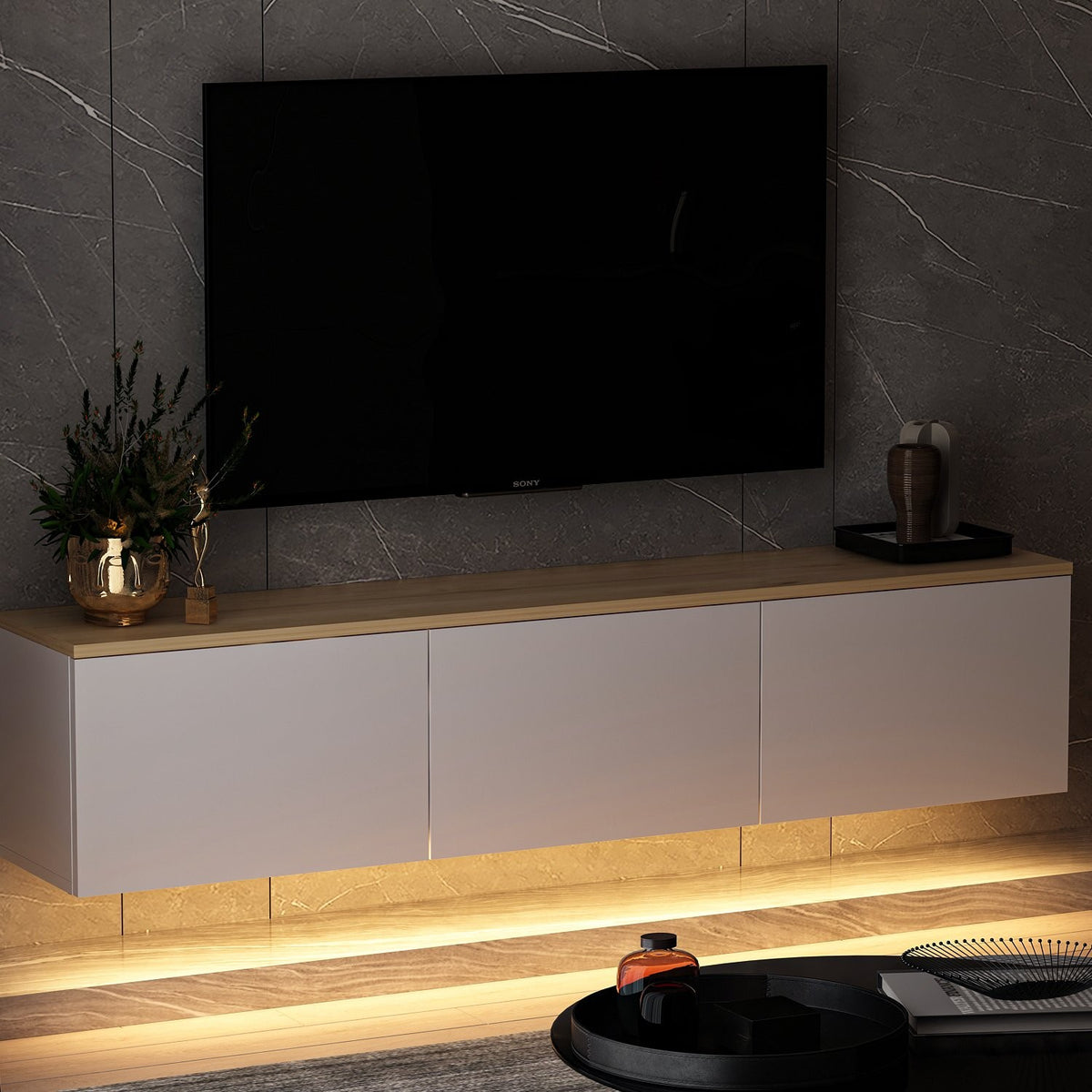 Έπιπλο Τηλεόρασης Sarakiniko Με LED Λευκό - Δρυς 160x32x35 εκ. Μελαμίνης - Pakobazaar