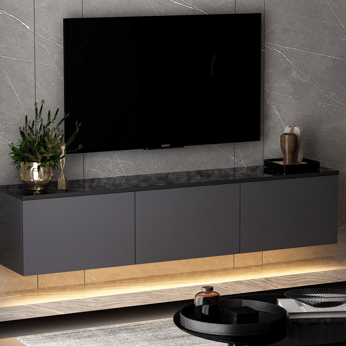 Έπιπλο Τηλεόρασης Kamilari Με Ράφια Ανθρακί 160x32x35 εκ. Μελαμίνης