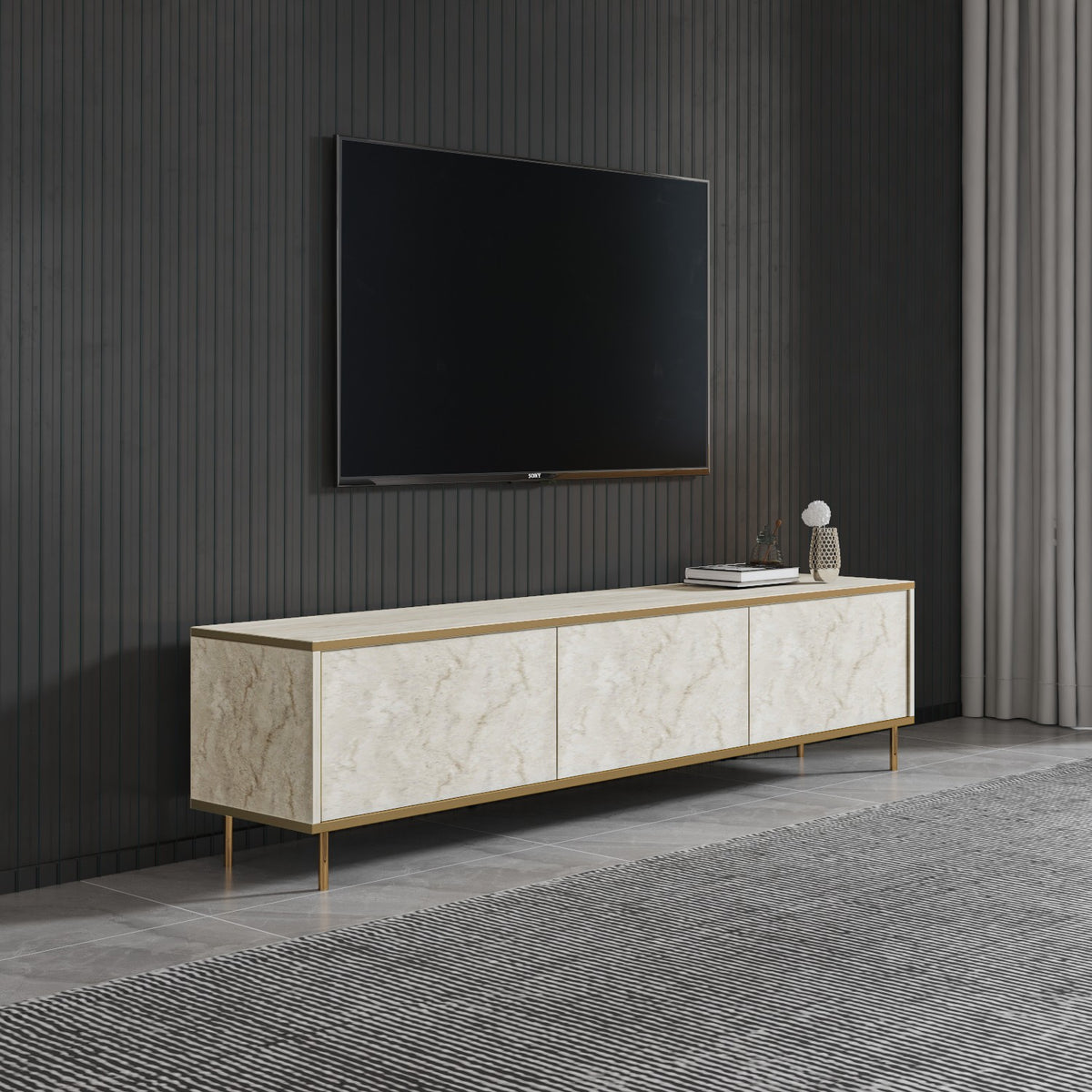 Έπιπλο Τηλεόρασης Lefkada Με Ράφια Travertine - Χρυσό 180x35x45.2 εκ. Μελαμίνης