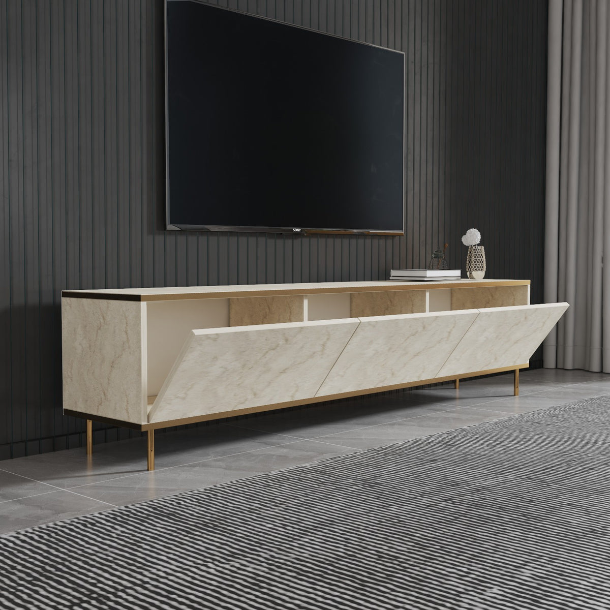 Έπιπλο Τηλεόρασης Lefkada Με Ράφια Travertine - Χρυσό 180x35x45.2 εκ. Μελαμίνης