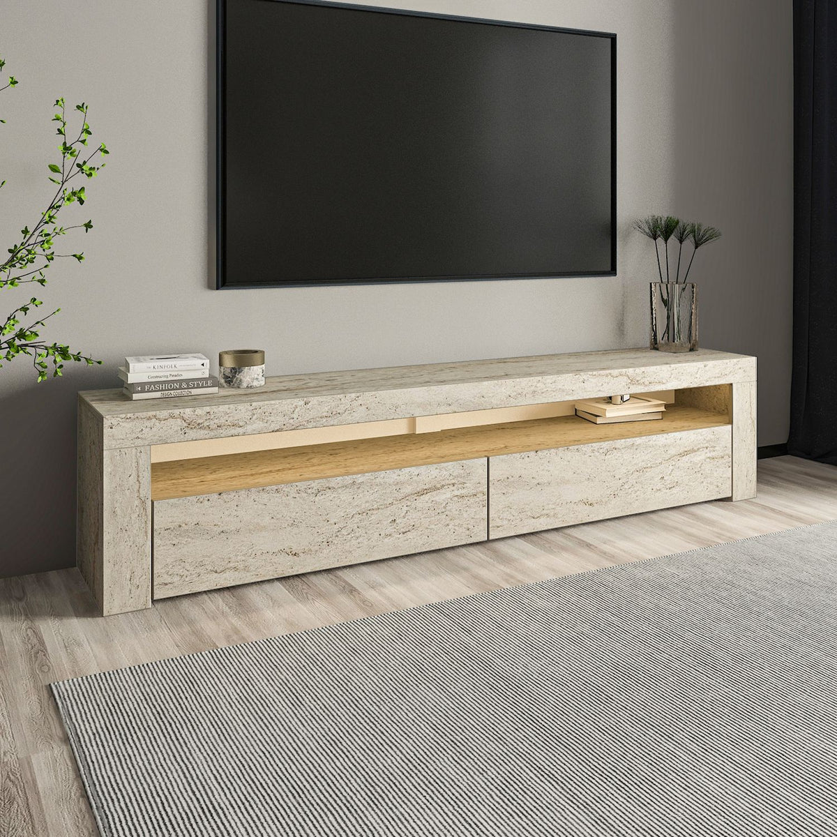 Έπιπλο Τηλεόρασης Amari Με LED Travertine 150x36.8x46.8 εκ. Μελαμίνης