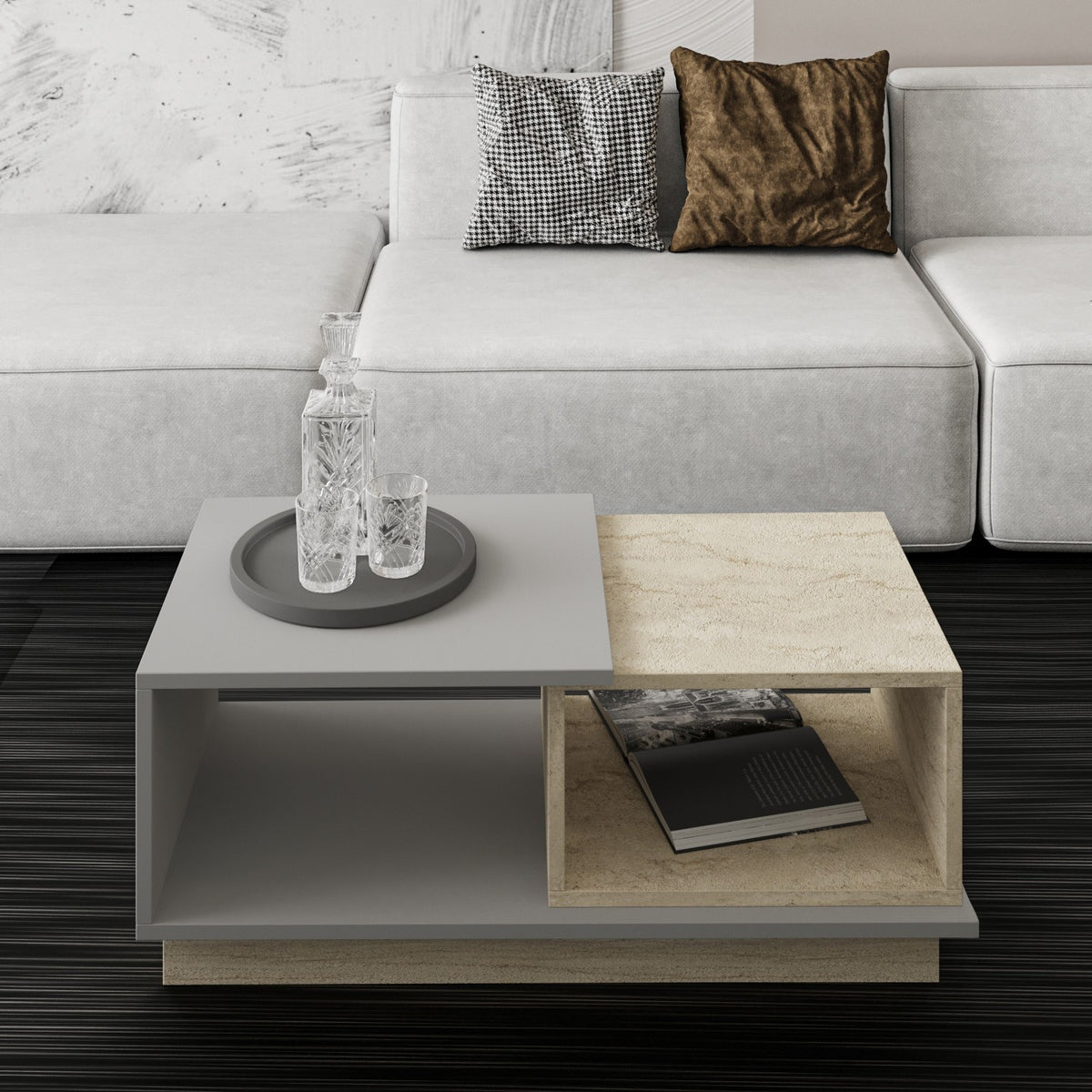 Τραπεζάκι Σαλονιού Panaitolio Travertine - Γκρι 90x45x36 εκ. Μελαμίνης