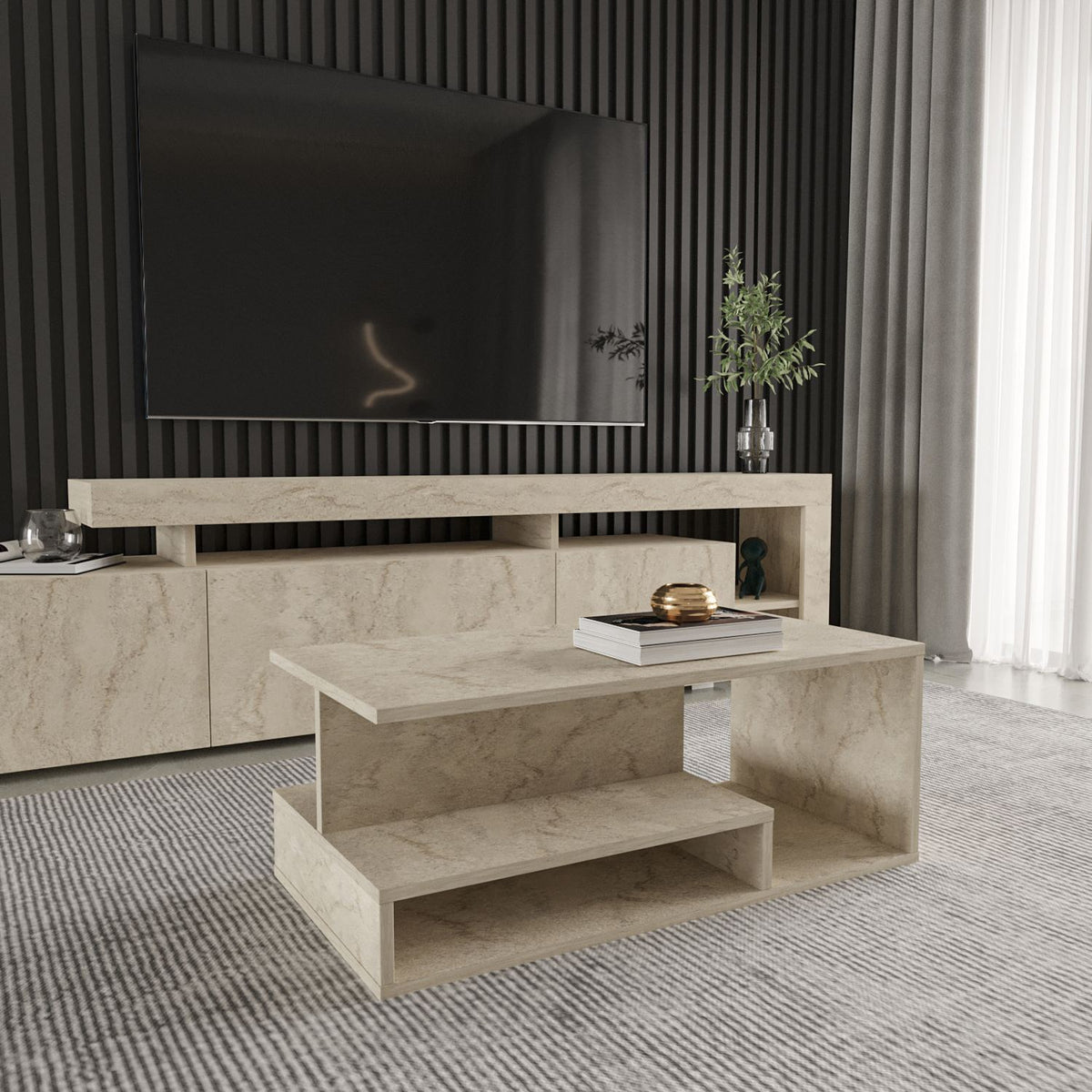 Τραπεζάκι Σαλονιού Vatolakkos Travertine 90x44.8x35 εκ. Μελαμίνης - Pakobazaar