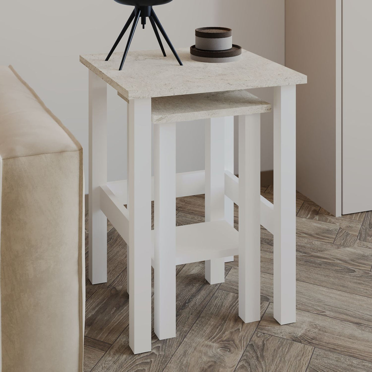 Βοηθητικά Τραπεζάκια Σετ Eretria Λευκό - Travertine 45x45x60 εκ. Μελαμίνης