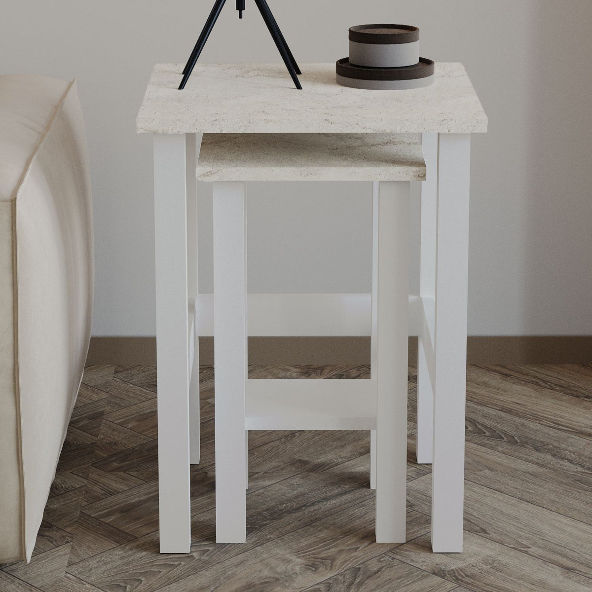 Βοηθητικά Τραπεζάκια Σετ Eretria Λευκό - Travertine 45x45x60 εκ. Μελαμίνης