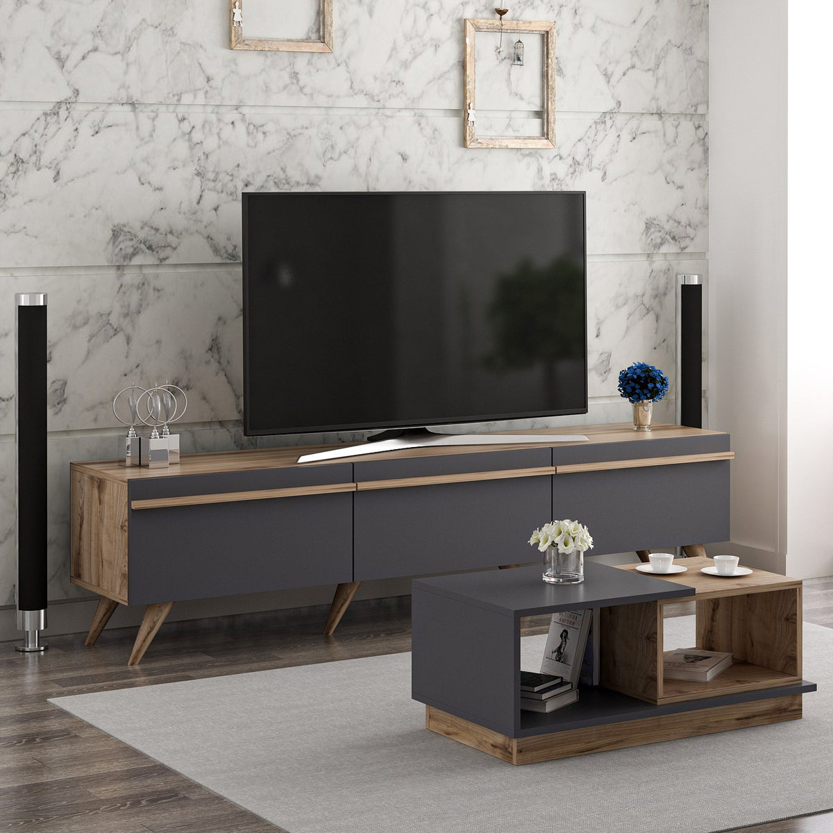 Σετ Σαλονιού Zoniana Ανθρακί - Καρυδί 180x35x42 εκ. Μελαμίνης