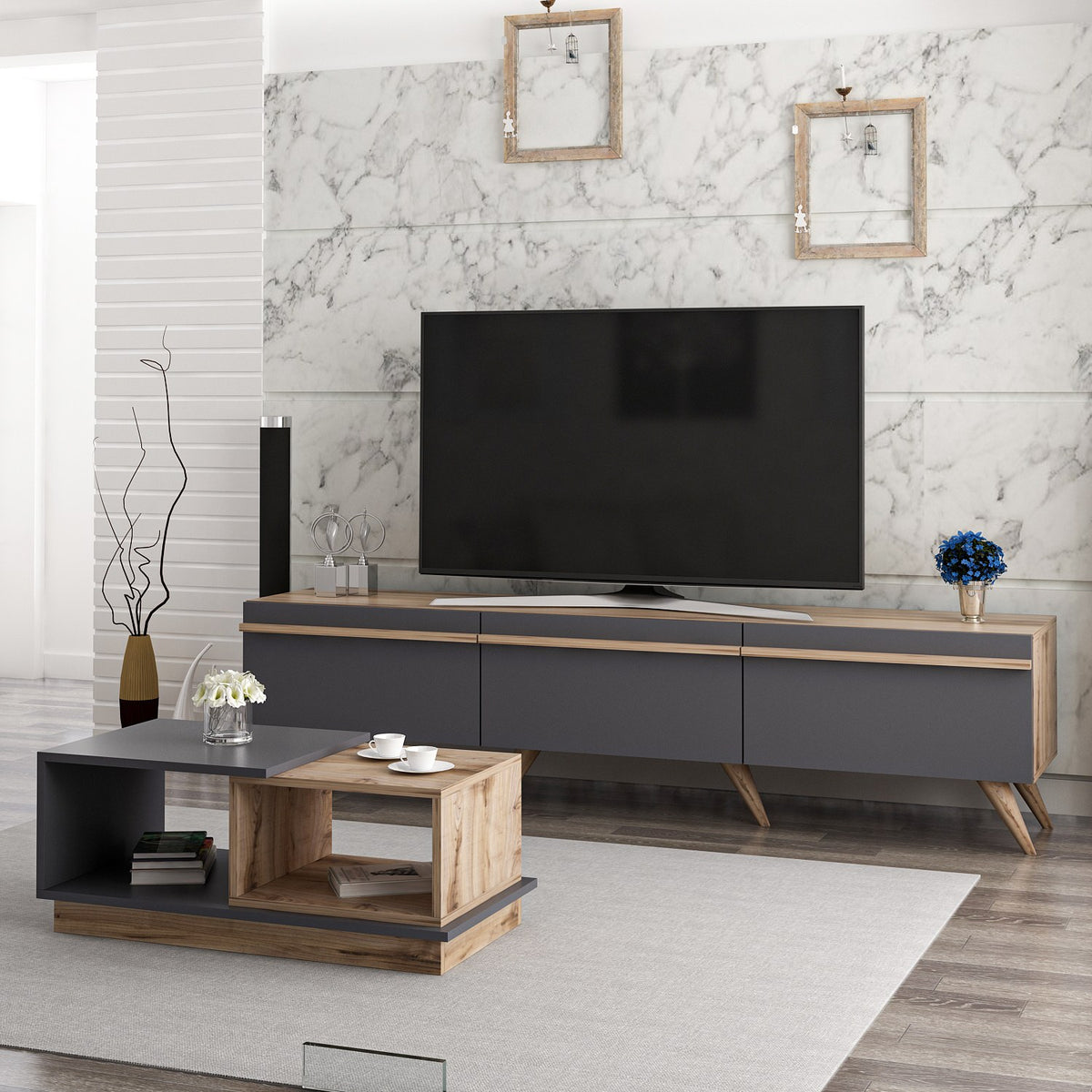 Σετ Σαλονιού Zoniana Ανθρακί - Καρυδί 180x35x42 εκ. Μελαμίνης