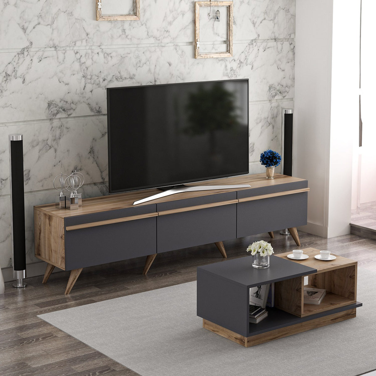Σετ Σαλονιού Zoniana Ανθρακί - Καρυδί 180x35x42 εκ. Μελαμίνης