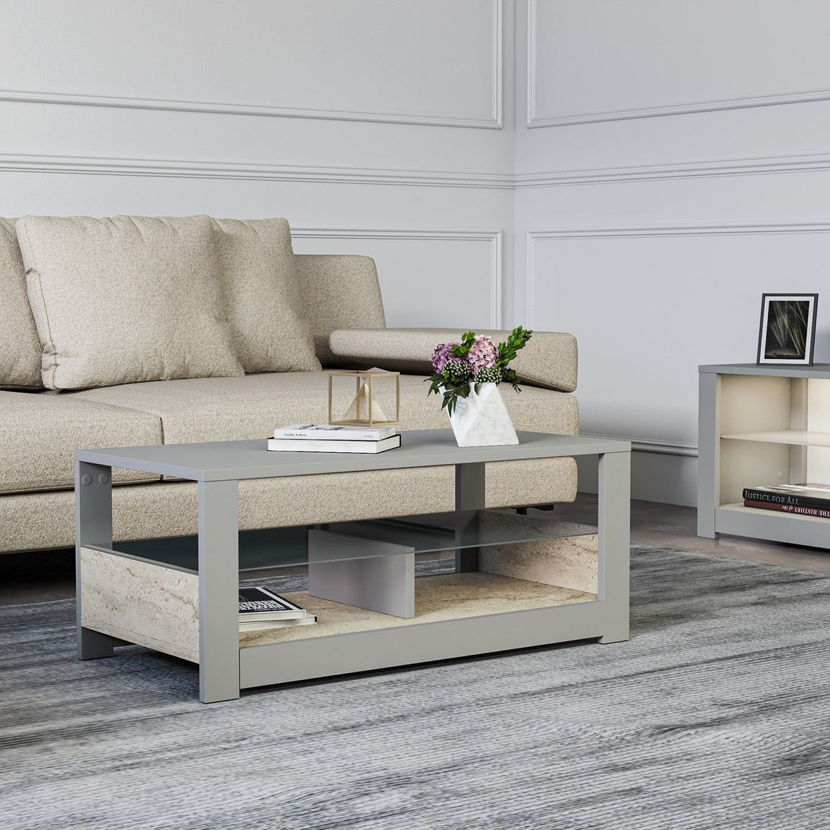 Τραπεζάκι Σαλονιού Vorizia Γκρι - Travertine 90x45x37 εκ. Μελαμίνης