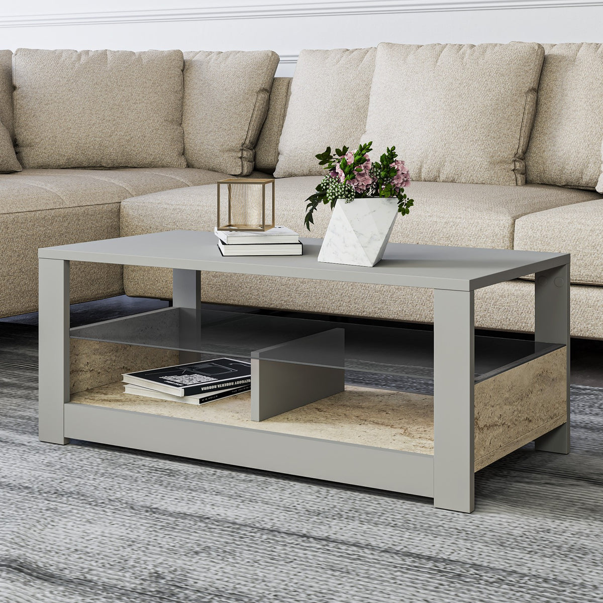 Τραπεζάκι Σαλονιού Vorizia Γκρι - Travertine 90x45x37 εκ. Μελαμίνης