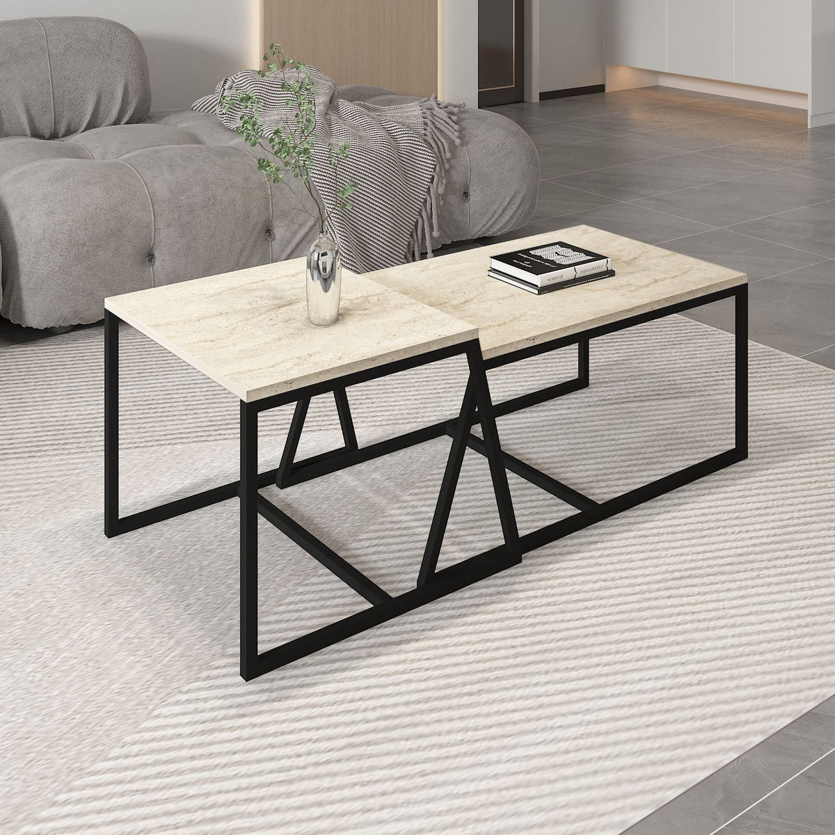 Τραπεζάκια Σαλονιού Σετ 2τμχ Kamariotis Travertine 75x50x38 εκ. Μελαμίνης