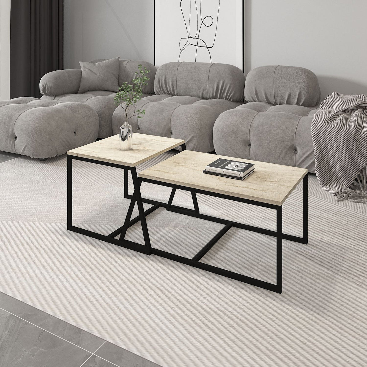 Τραπεζάκια Σαλονιού Σετ 2τμχ Kamariotis Travertine 75x50x38 εκ. Μελαμίνης
