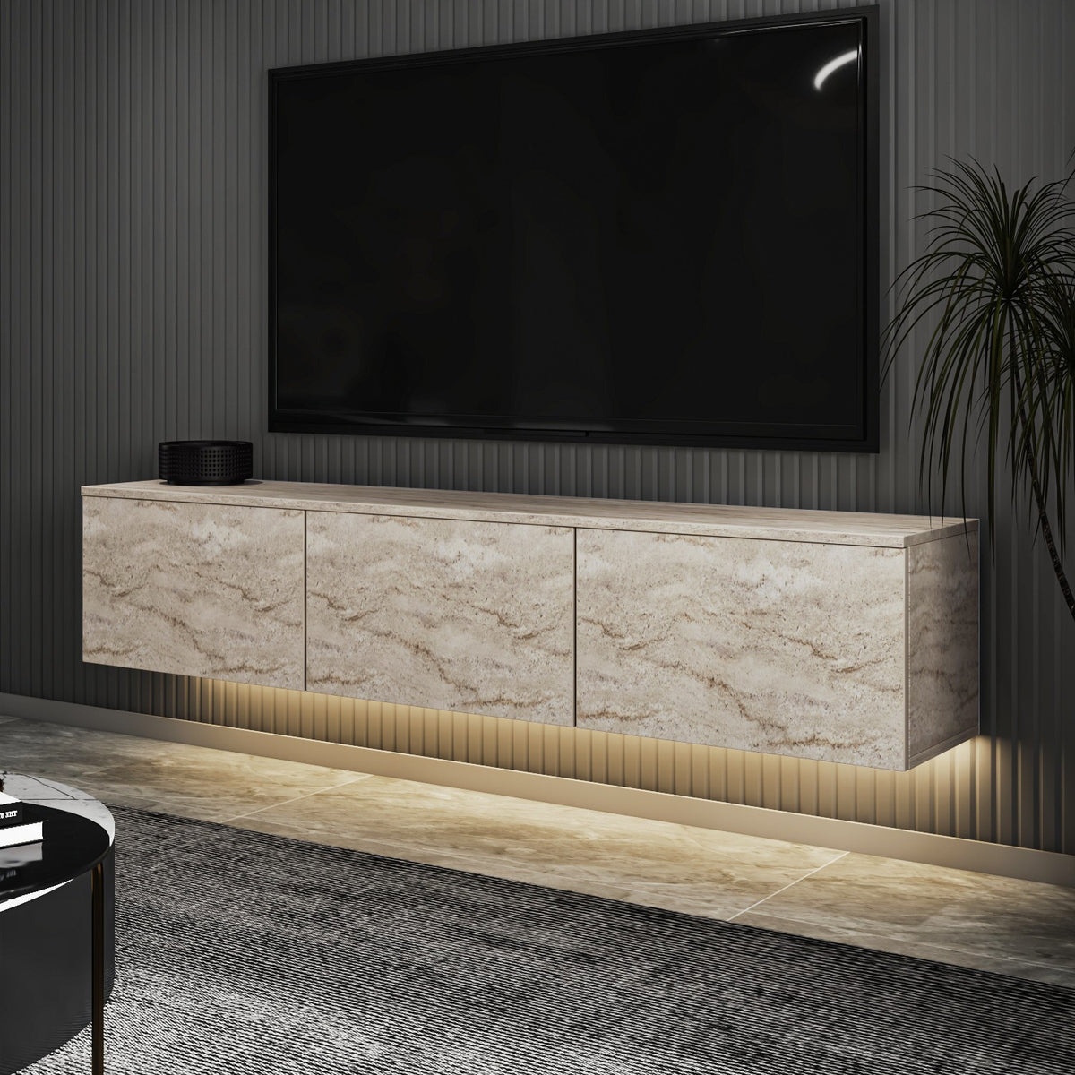 Έπιπλο Τηλεόρασης Kamilari Με Ράφια Travertine 160x32x35 εκ. Μελαμίνης