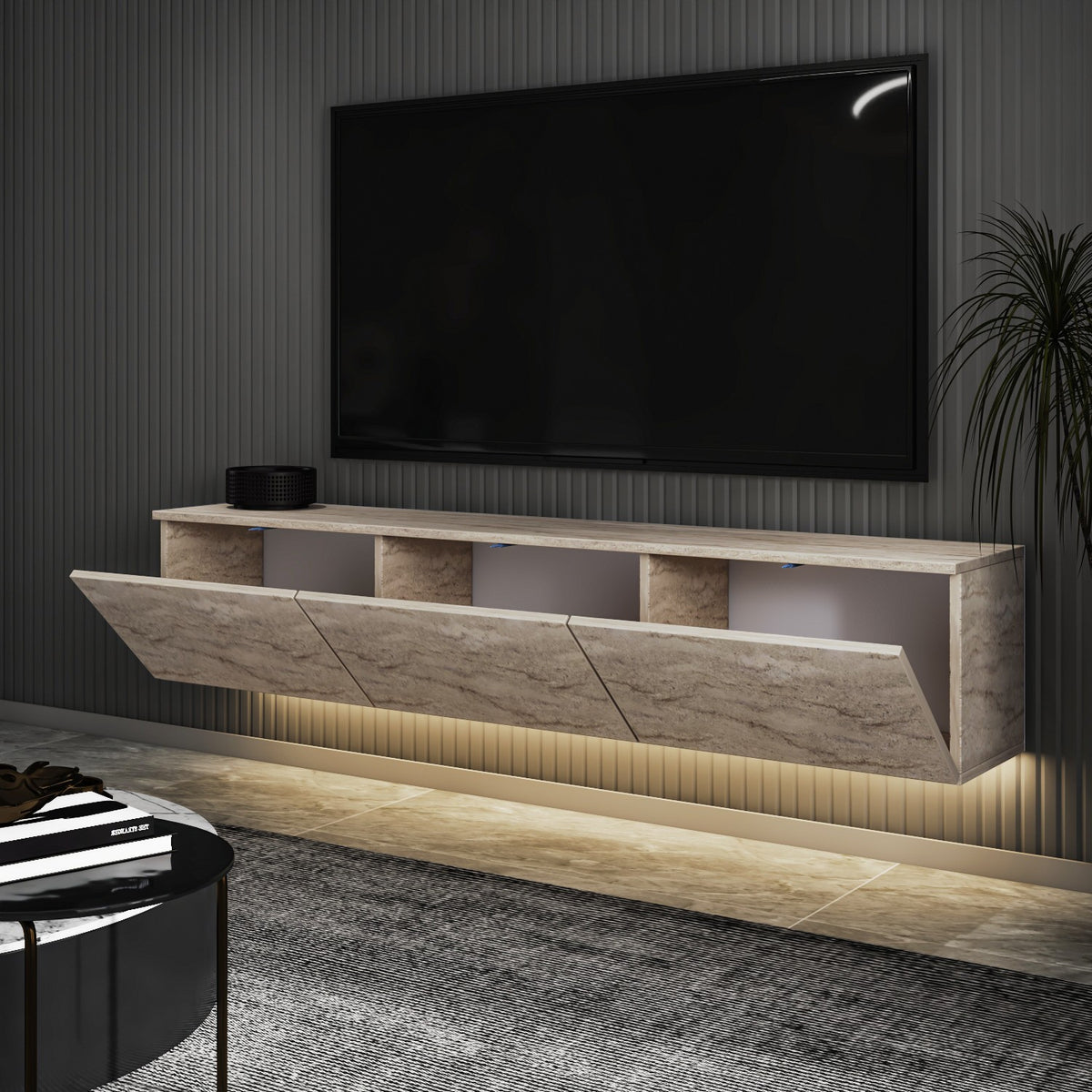 Έπιπλο Τηλεόρασης Kamilari Με Ράφια Travertine 160x32x35 εκ. Μελαμίνης