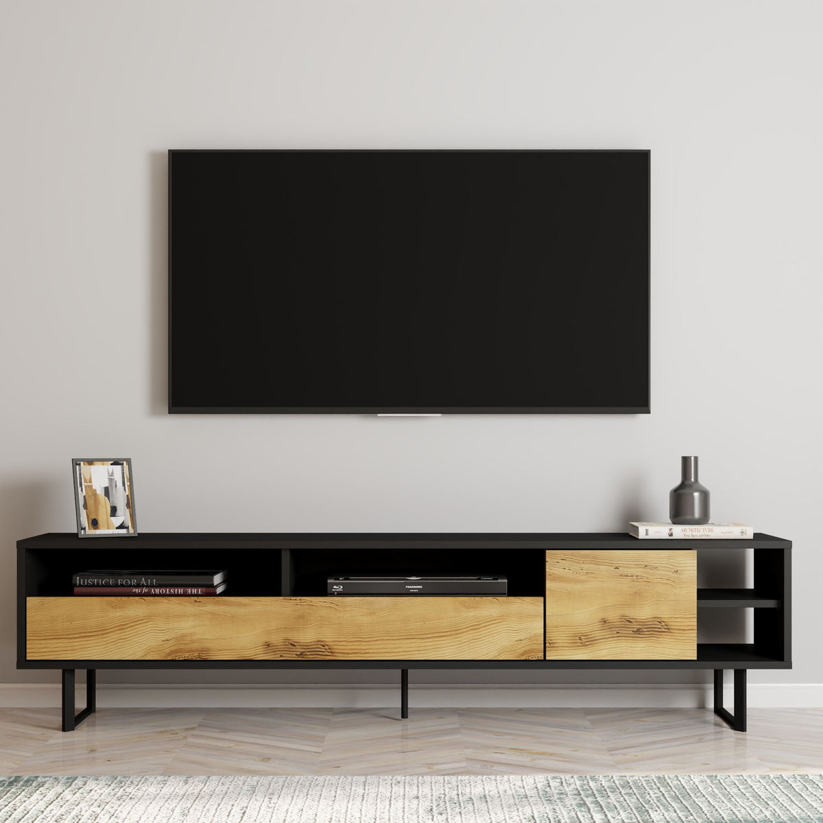 Έπιπλο Τηλεόρασης Mixorrouma Μαύρο - Δρυς 180x29.8x44.7 εκ. Μελαμίνης - Pakobazaar