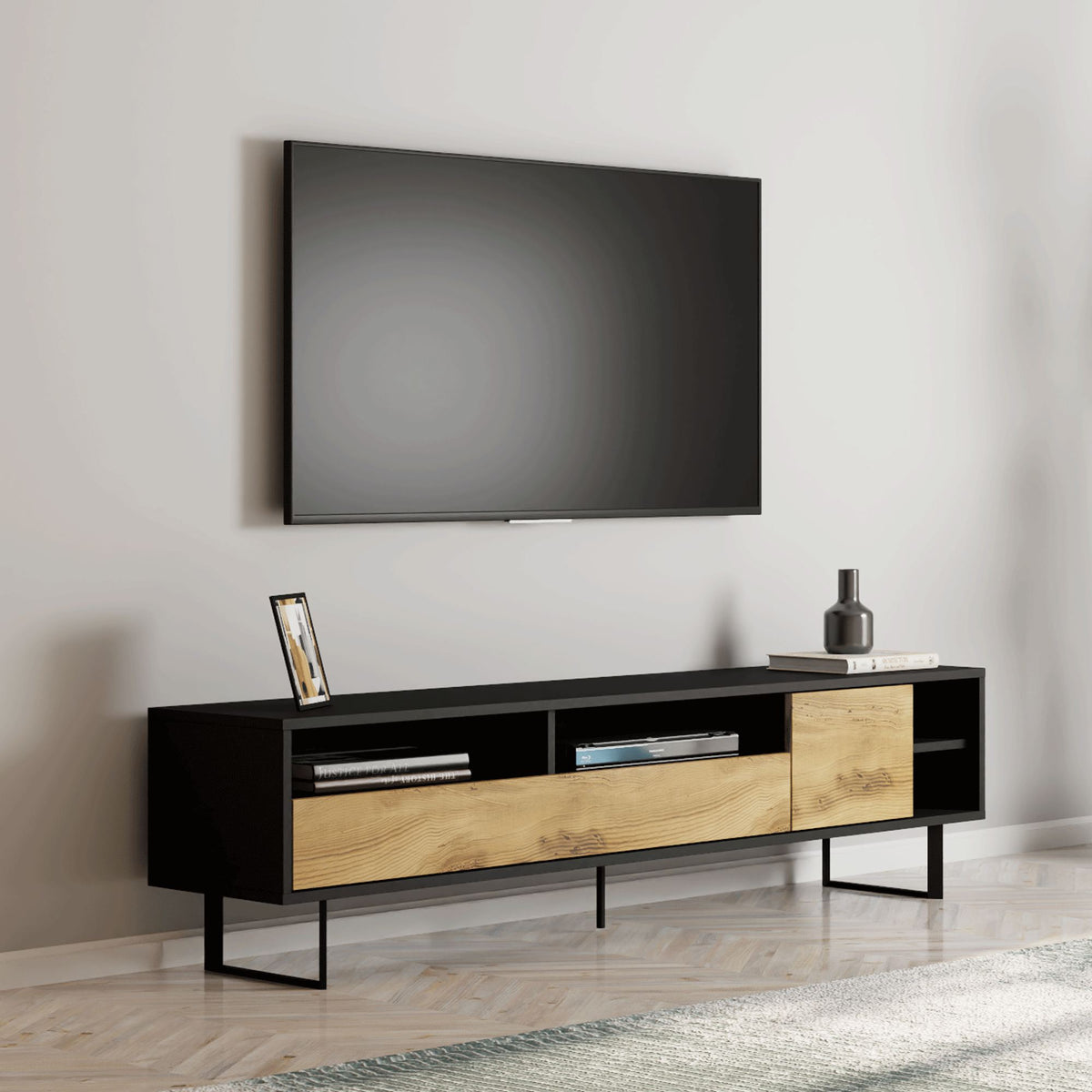 Έπιπλο Τηλεόρασης Mixorrouma Μαύρο - Δρυς 180x29.8x44.7 εκ. Μελαμίνης - Pakobazaar