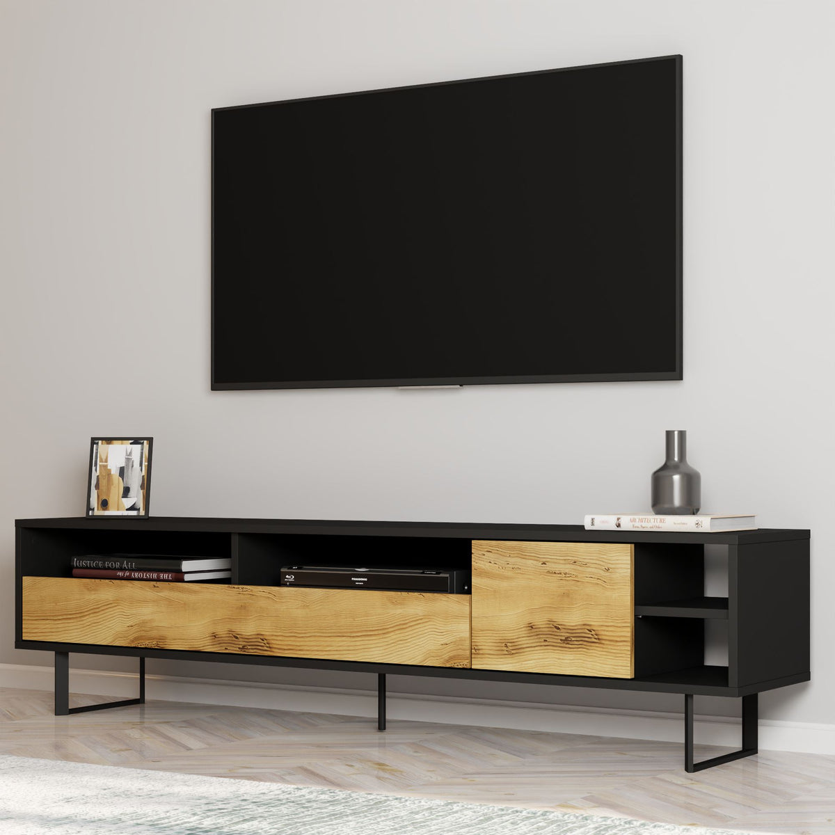 Έπιπλο Τηλεόρασης Mixorrouma Μαύρο - Δρυς 180x29.8x44.7 εκ. Μελαμίνης - Pakobazaar