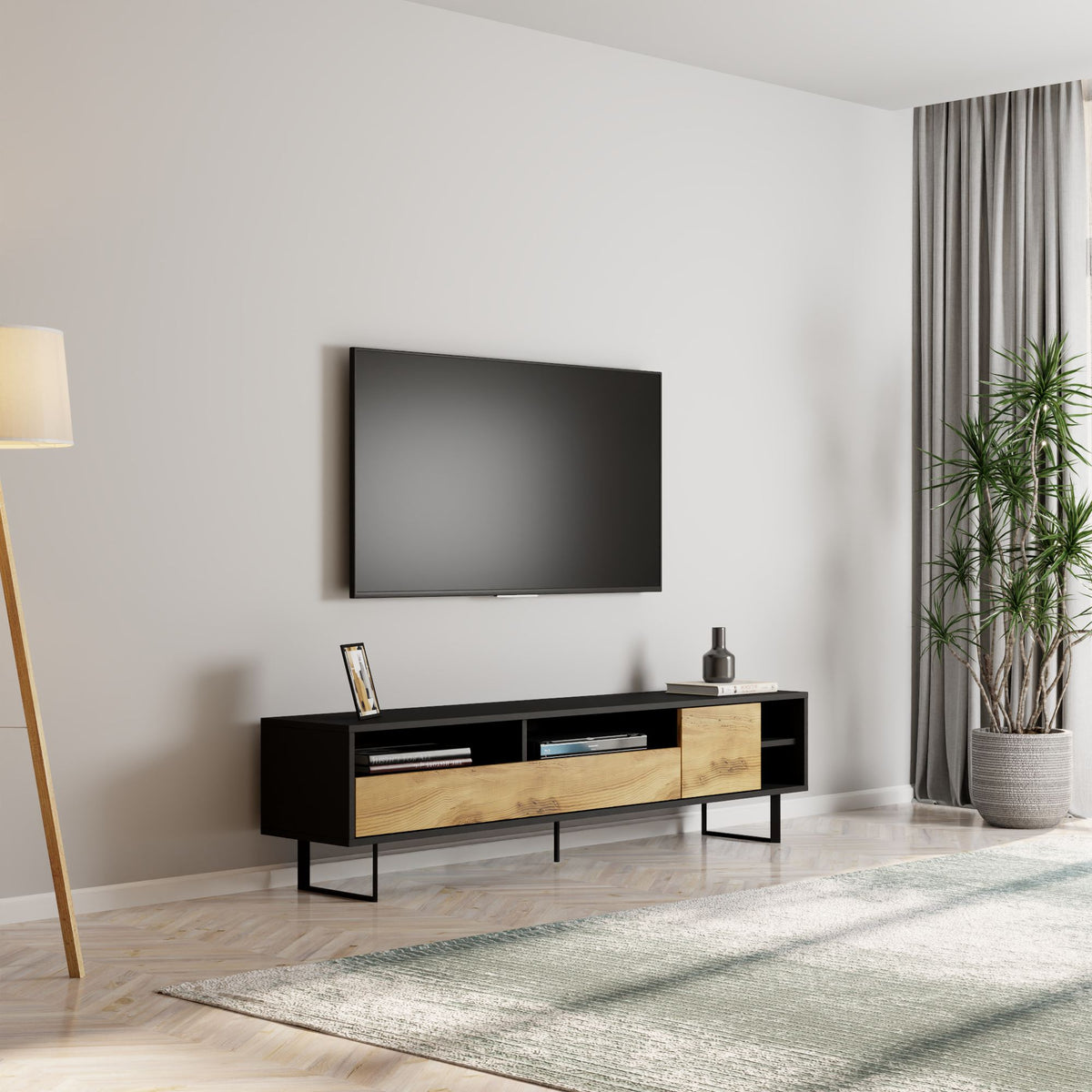 Έπιπλο Τηλεόρασης Mixorrouma Μαύρο - Δρυς 180x29.8x44.7 εκ. Μελαμίνης - Pakobazaar