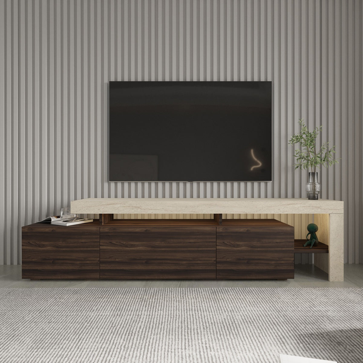 Έπιπλο Τηλεόρασης Sifnos Με LED Travertine - Καρυδί 192x37x53 εκ. Μελαμίνης - Pakobazaar