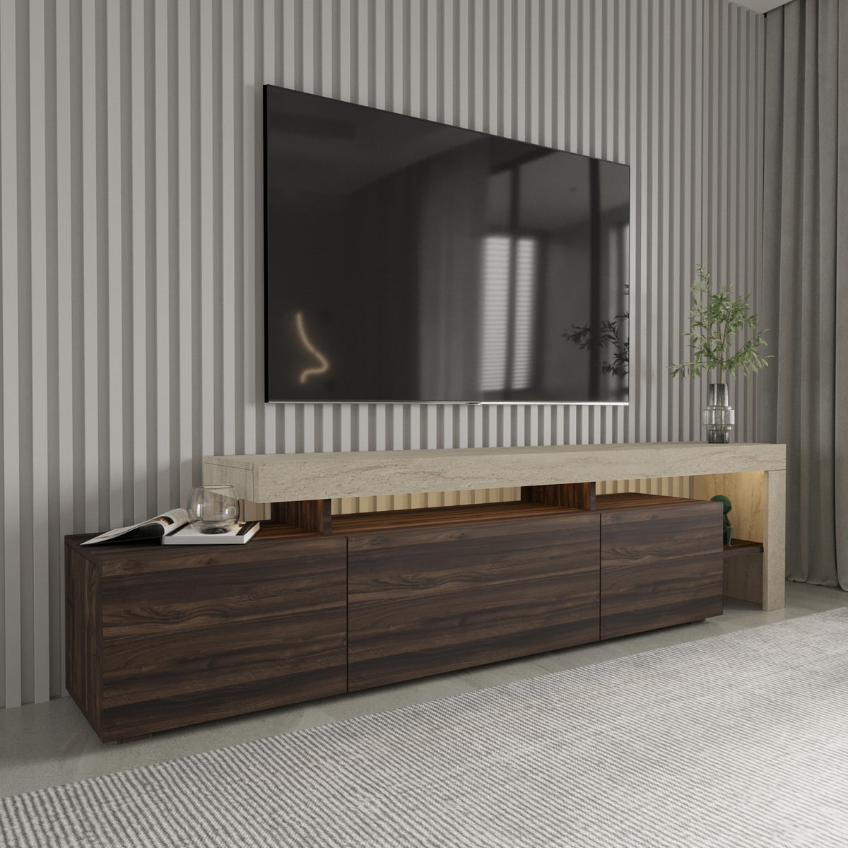 Έπιπλο Τηλεόρασης Sifnos Με LED Travertine - Καρυδί 192x37x53 εκ. Μελαμίνης - Pakobazaar