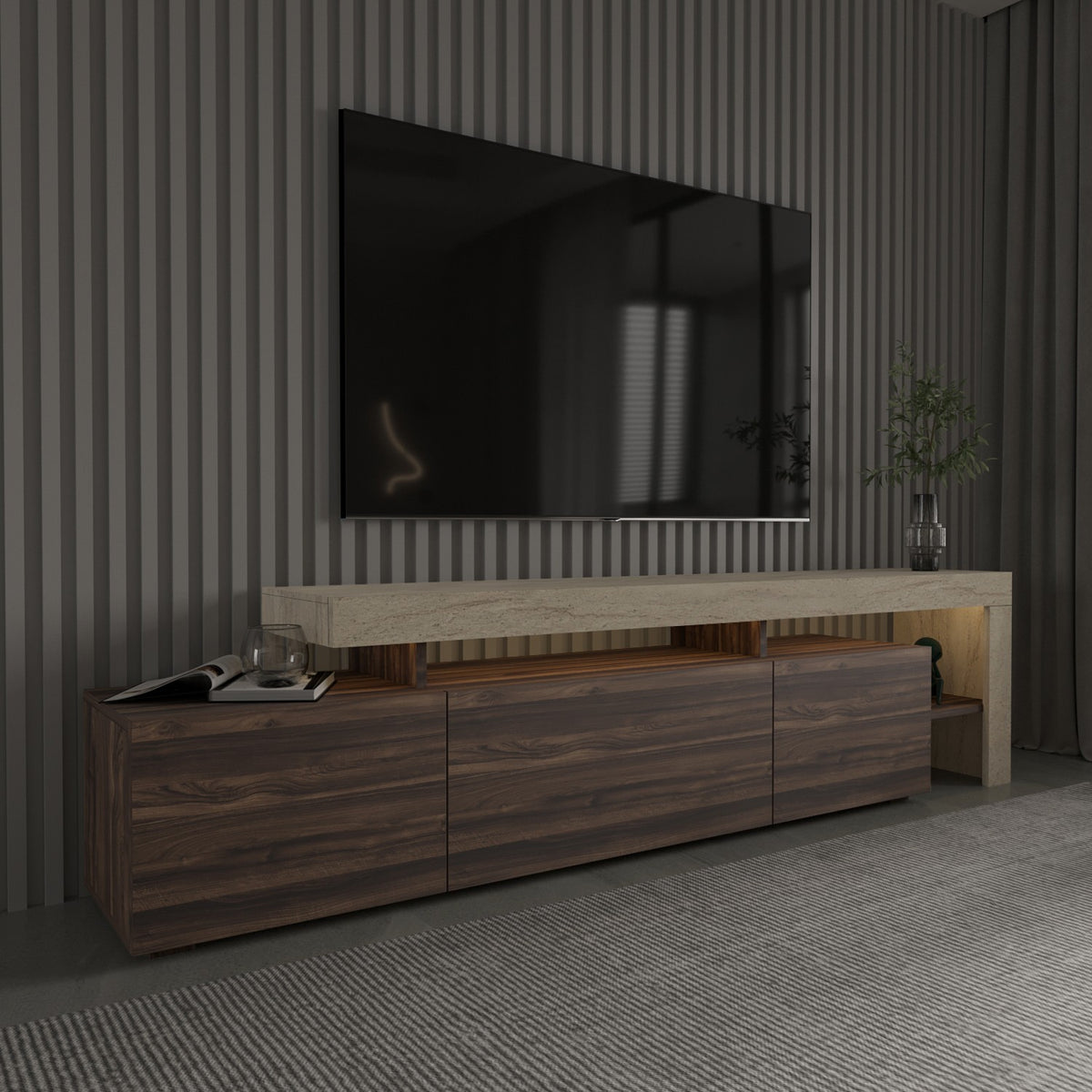 Έπιπλο Τηλεόρασης Sifnos Με LED Travertine - Καρυδί 192x37x53 εκ. Μελαμίνης - Pakobazaar
