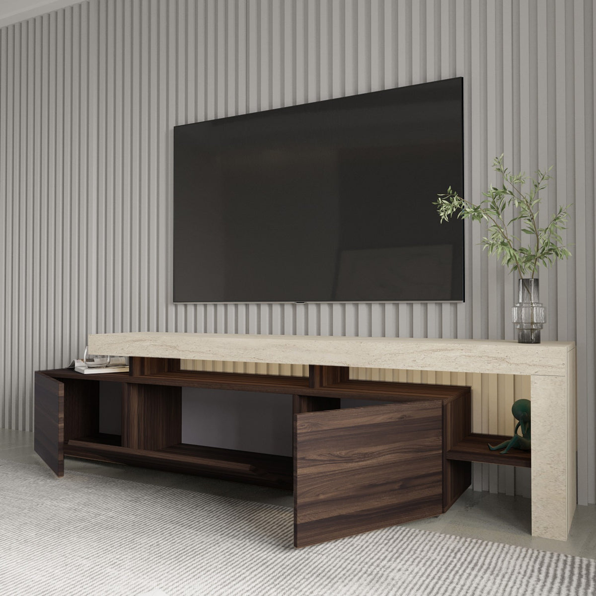 Έπιπλο Τηλεόρασης Sifnos Με LED Travertine - Καρυδί 192x37x53 εκ. Μελαμίνης - Pakobazaar