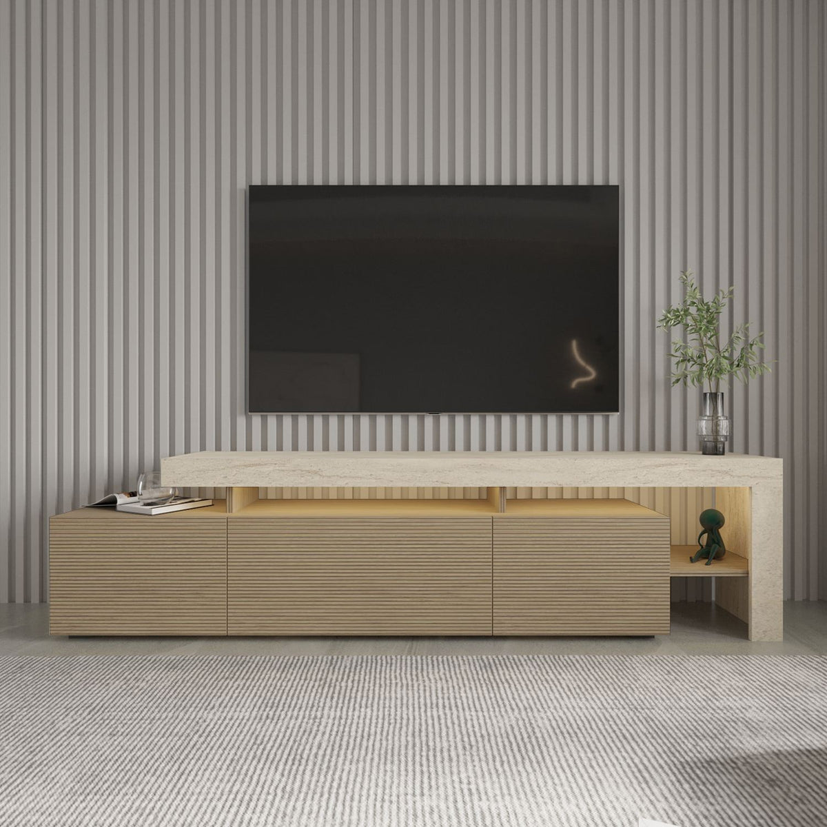 Έπιπλο Τηλεόρασης Sifnos Με LED Travertine - Δρυς Θερμό 192x37x53 εκ. Μελαμίνης