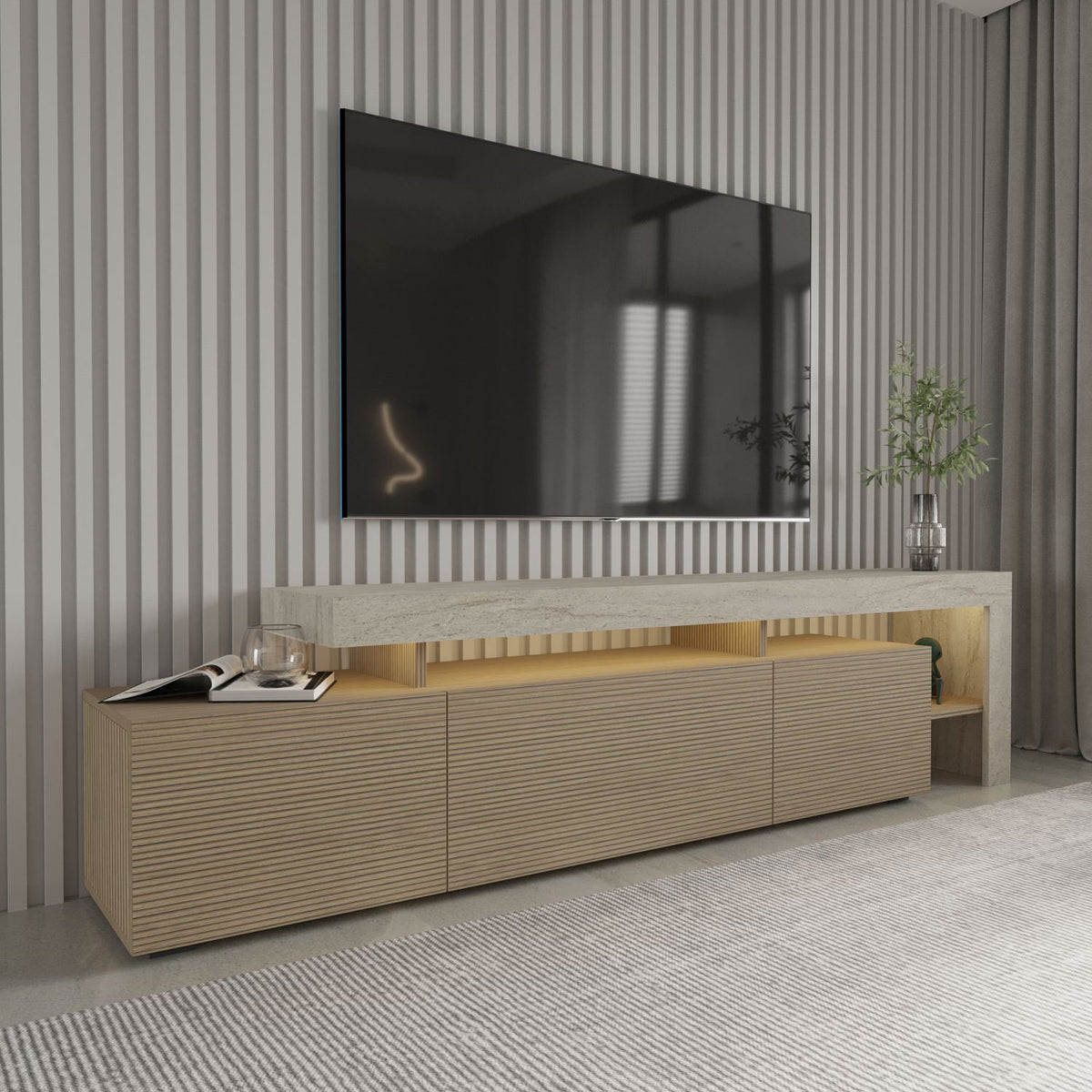 Έπιπλο Τηλεόρασης Sifnos Με LED Travertine - Δρυς Θερμό 192x37x53 εκ. Μελαμίνης