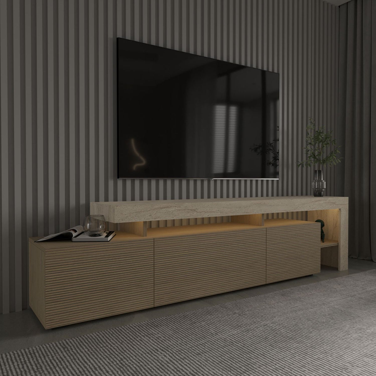 Έπιπλο Τηλεόρασης Sifnos Με LED Travertine - Δρυς Θερμό 192x37x53 εκ. Μελαμίνης