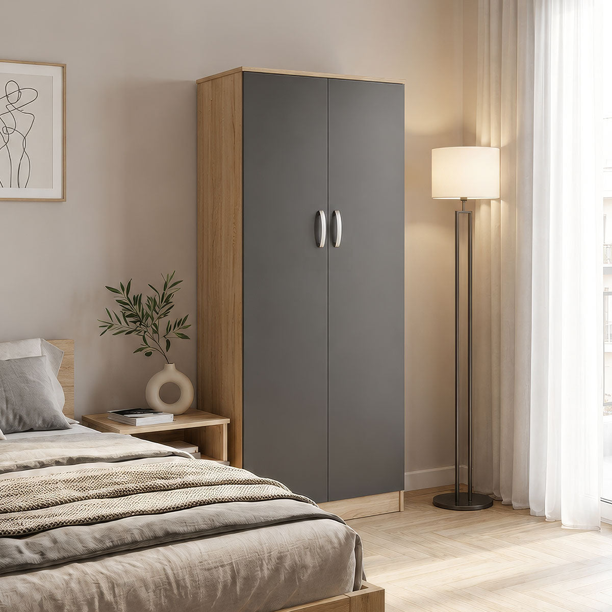 Ντουλάπα δίφυλλη Athos  σε sonoma-ανθρακί απόχρωση 80x42x180εκ - Pakobazaar