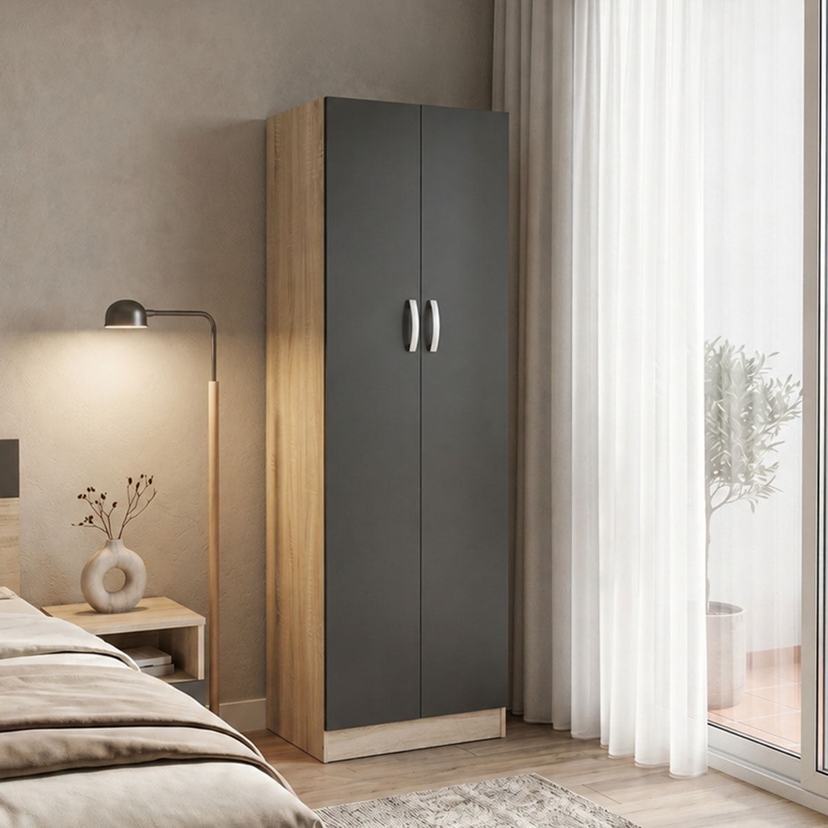 Ντουλάπα δίφυλλη Athos  σε sonoma-ανθρακί απόχρωση 60x42x180εκ - Pakobazaar